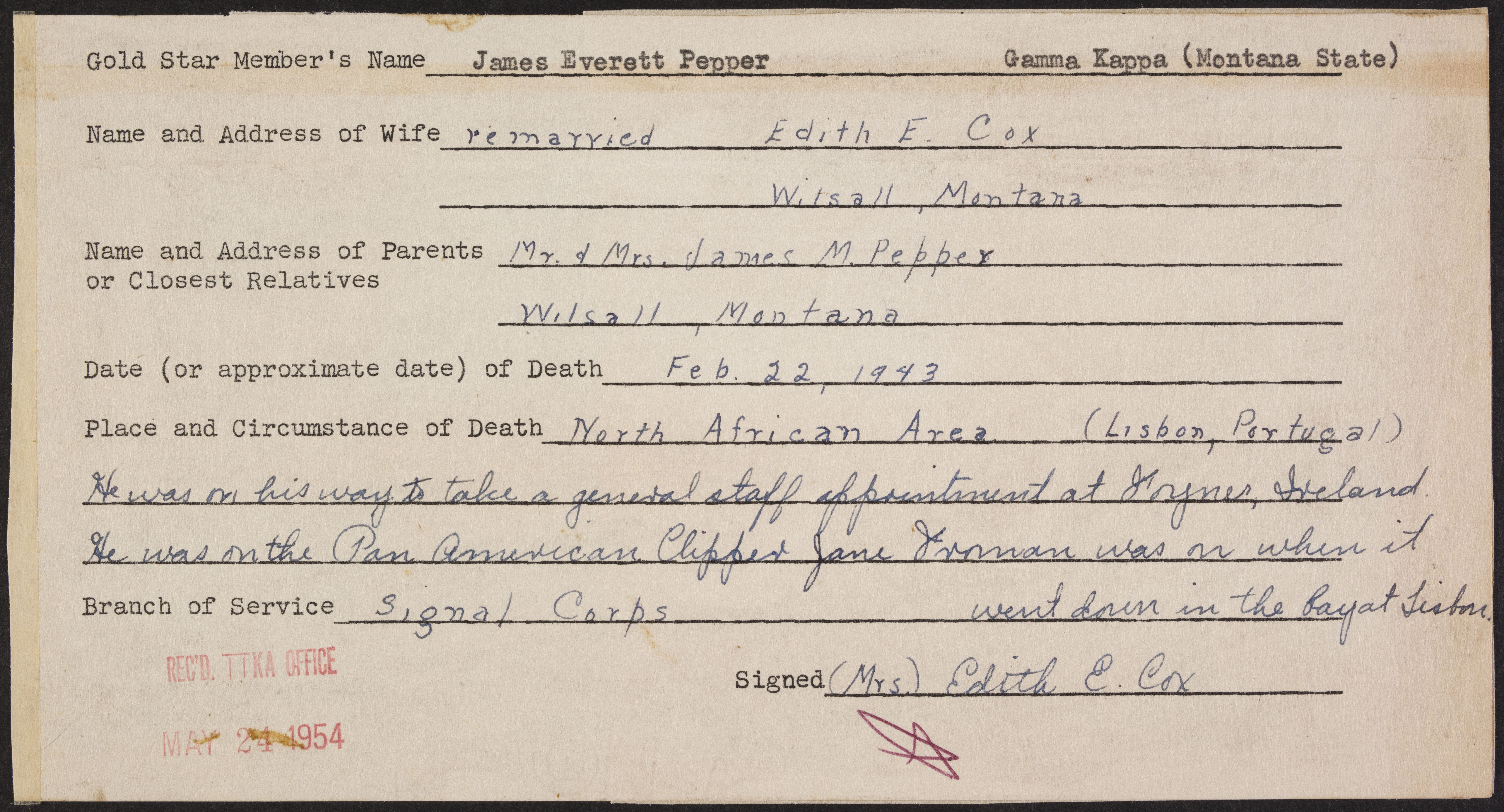 James Everett Pepper War Record Form, May 24, 1954