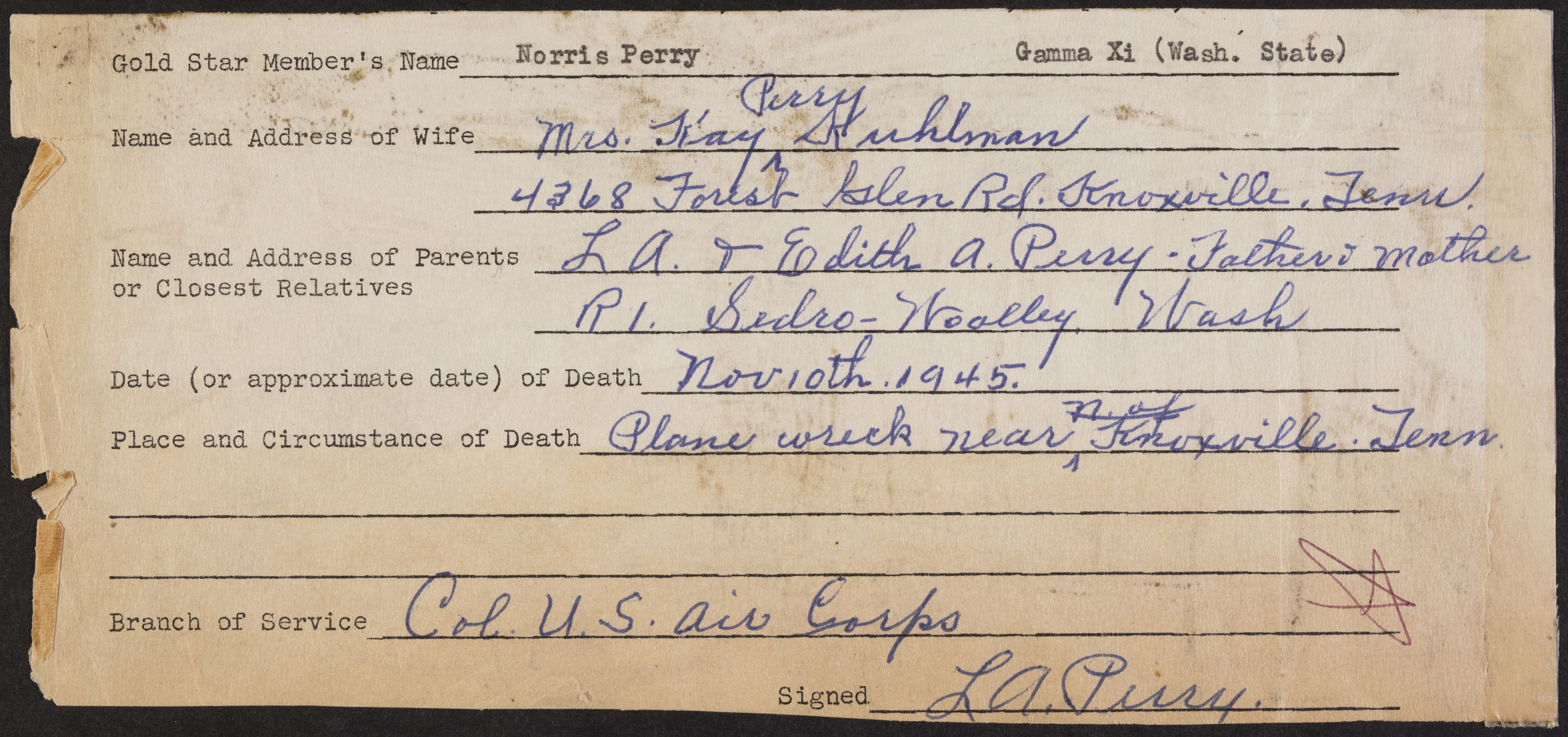 Norris Perry War Record Form