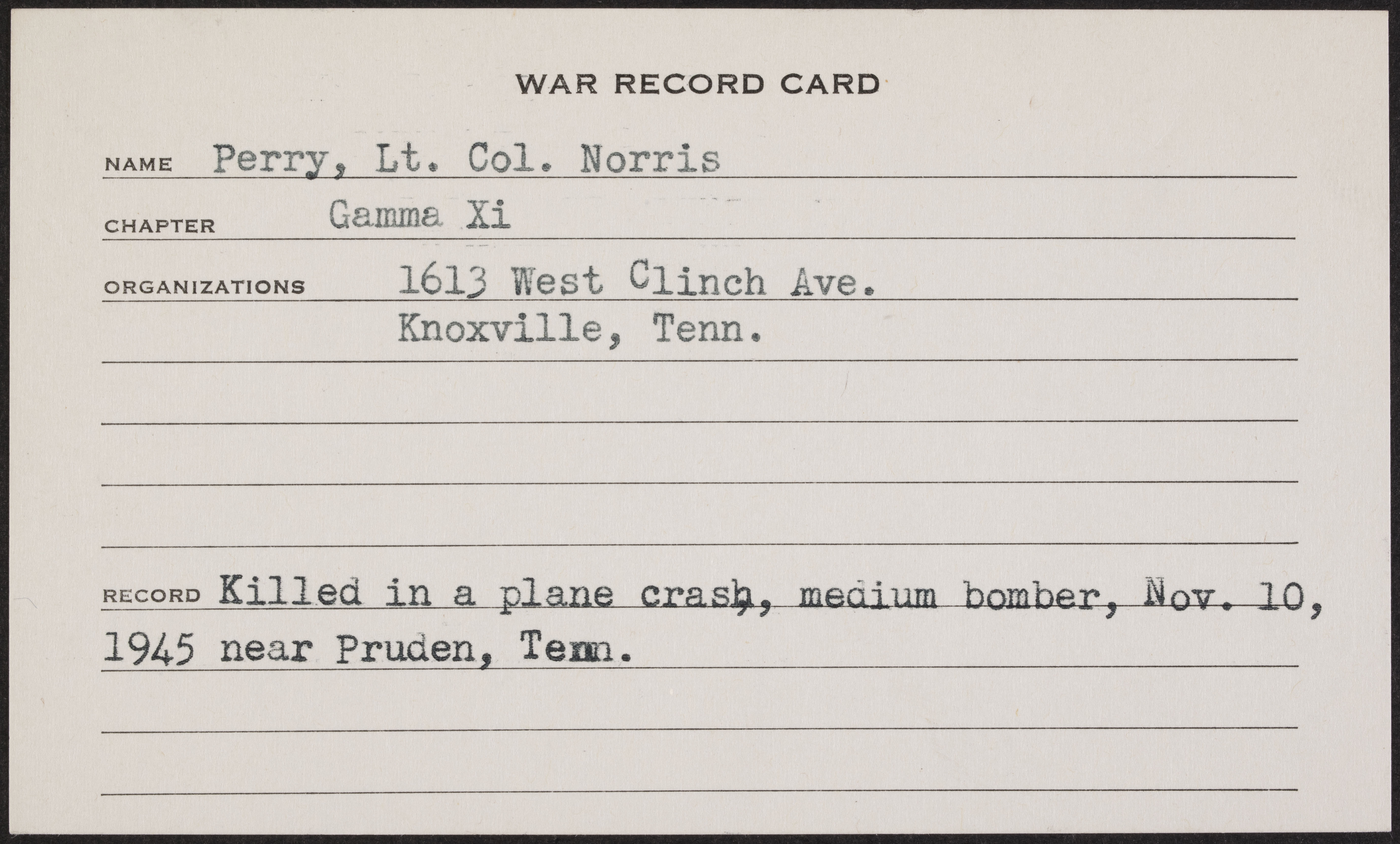 Norris Perry War Record Card