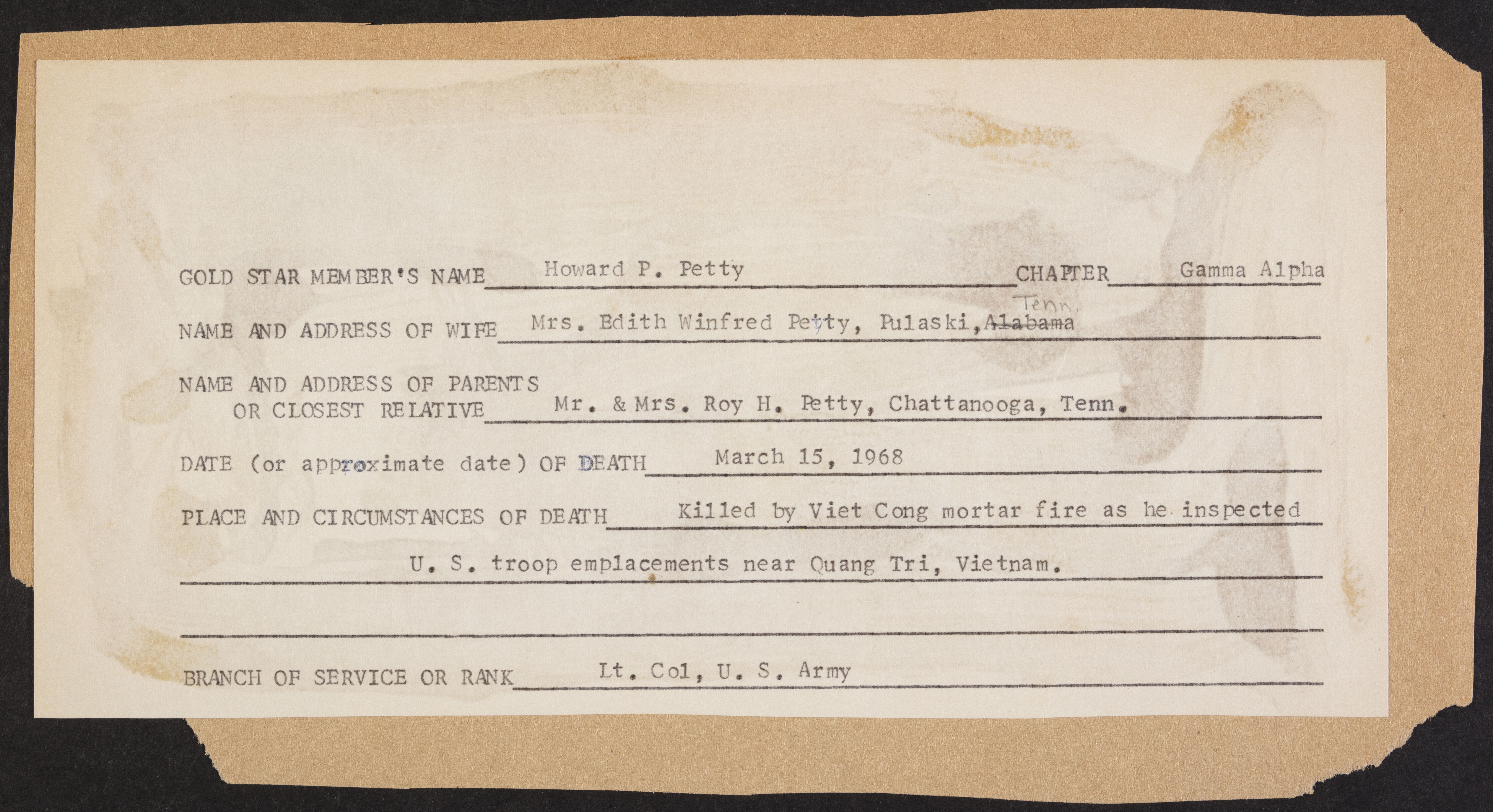 Howard P. Petty War Record Form