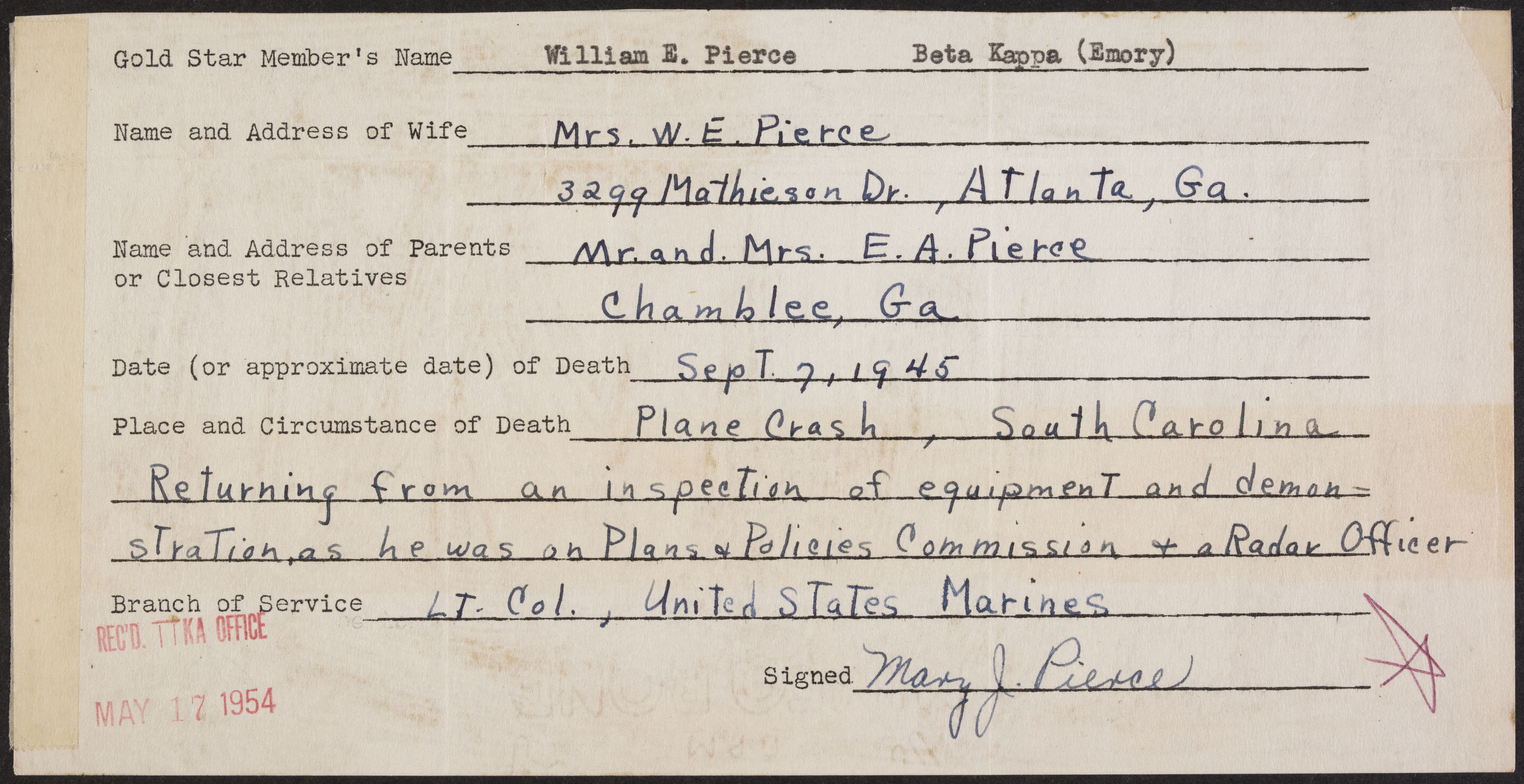 William E. Pierce War Record Form, May 17, 1954