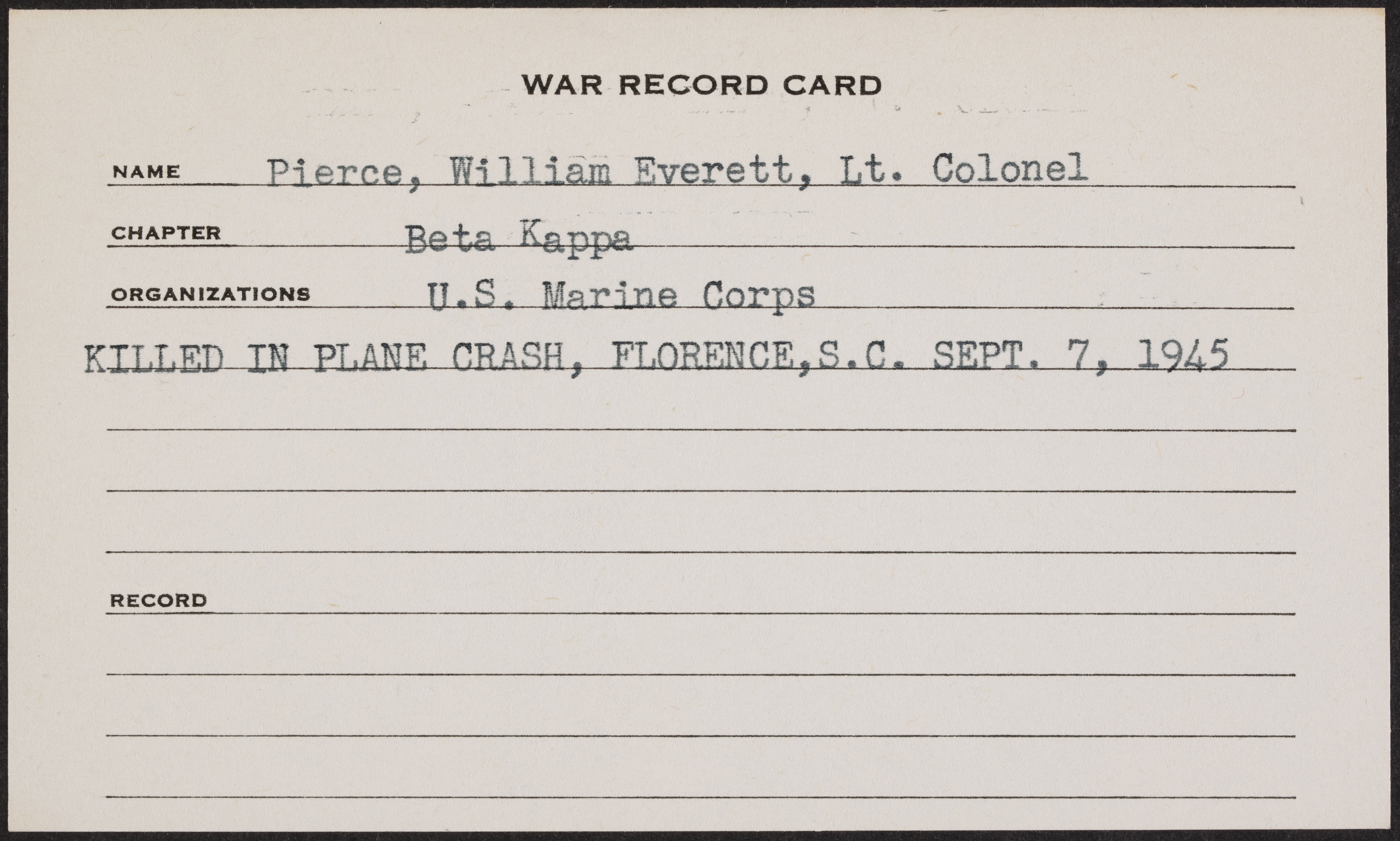 William E. Pierce War Record Card