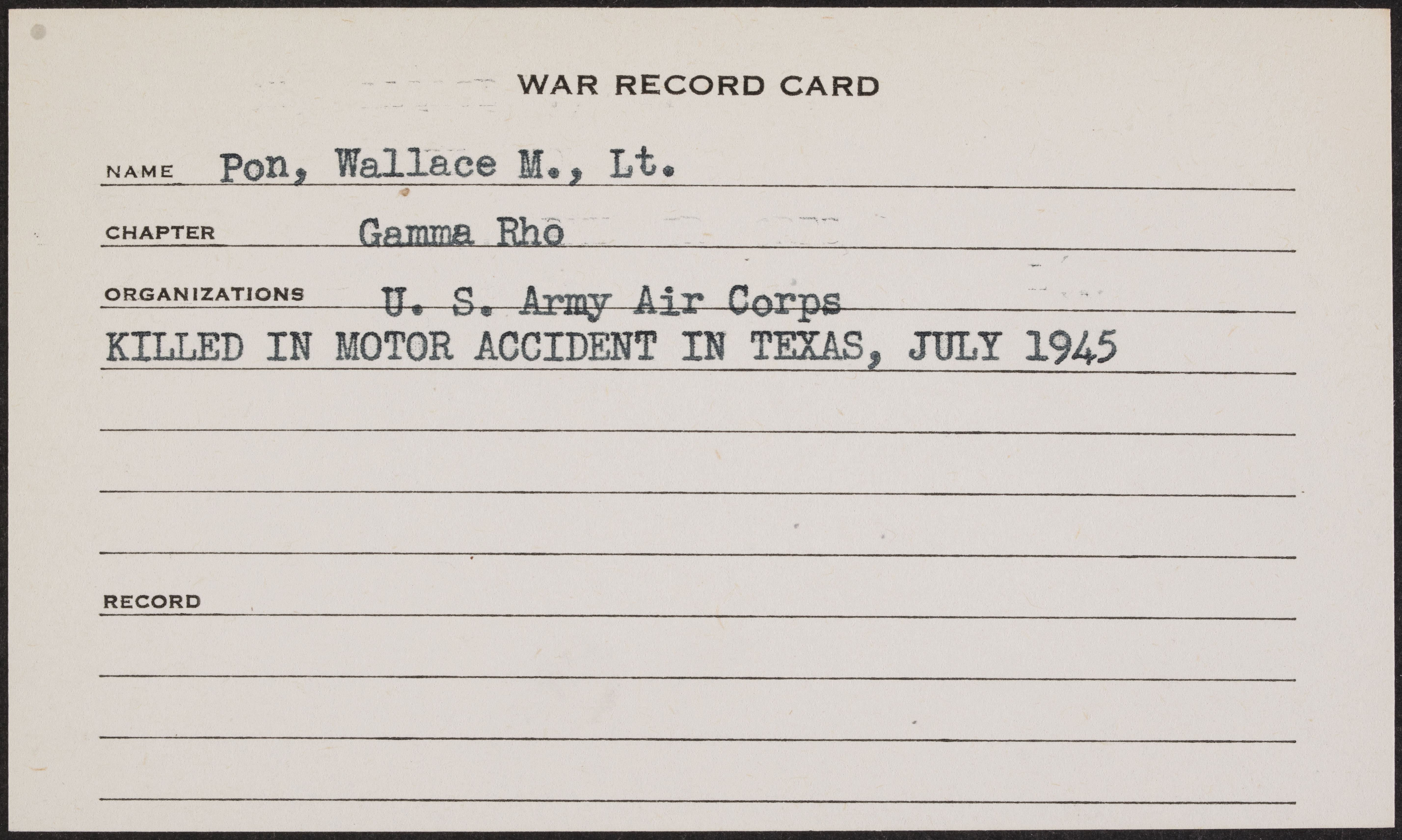 Wallace Maynard Pon War Record Card