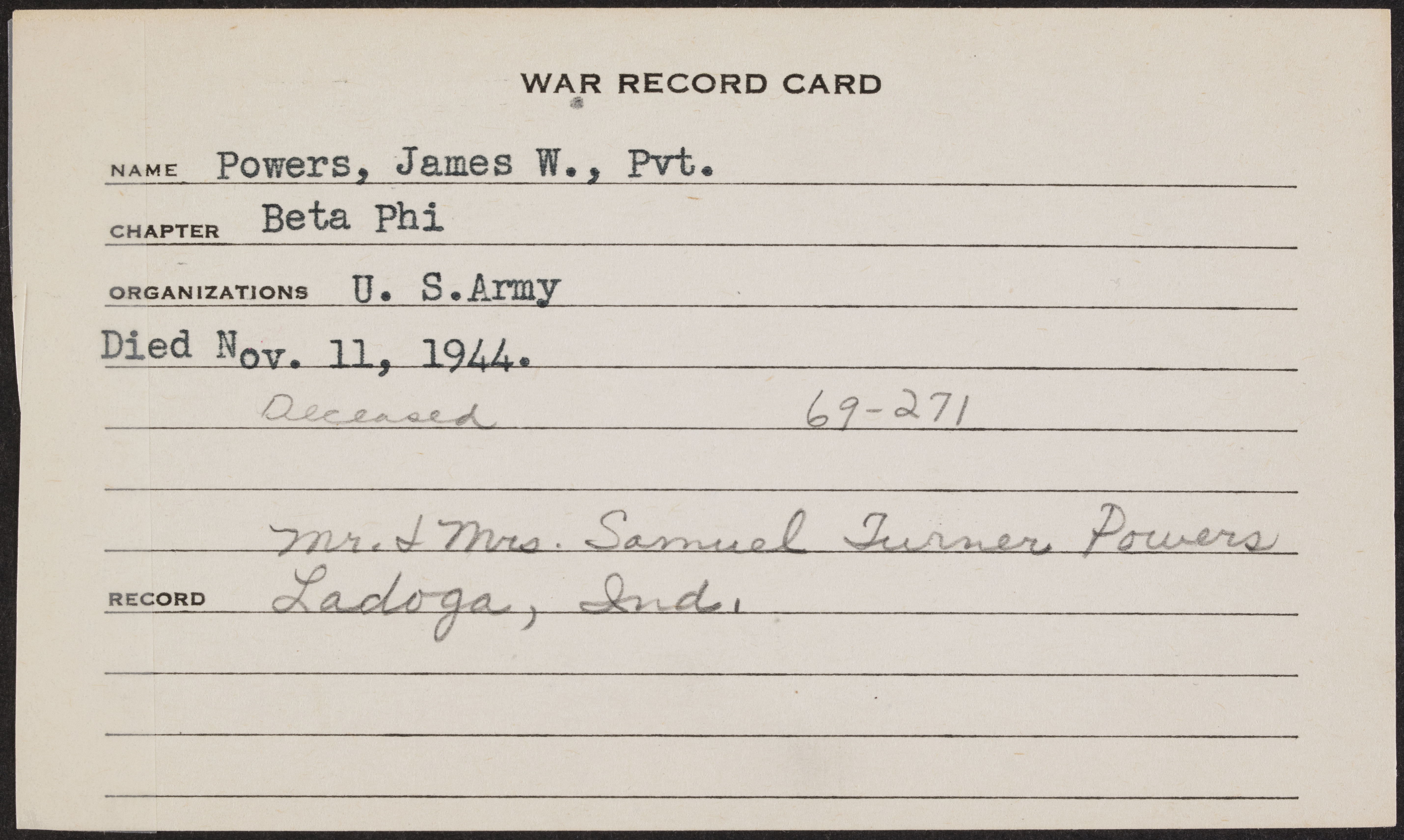 James W. Powers War Record Card