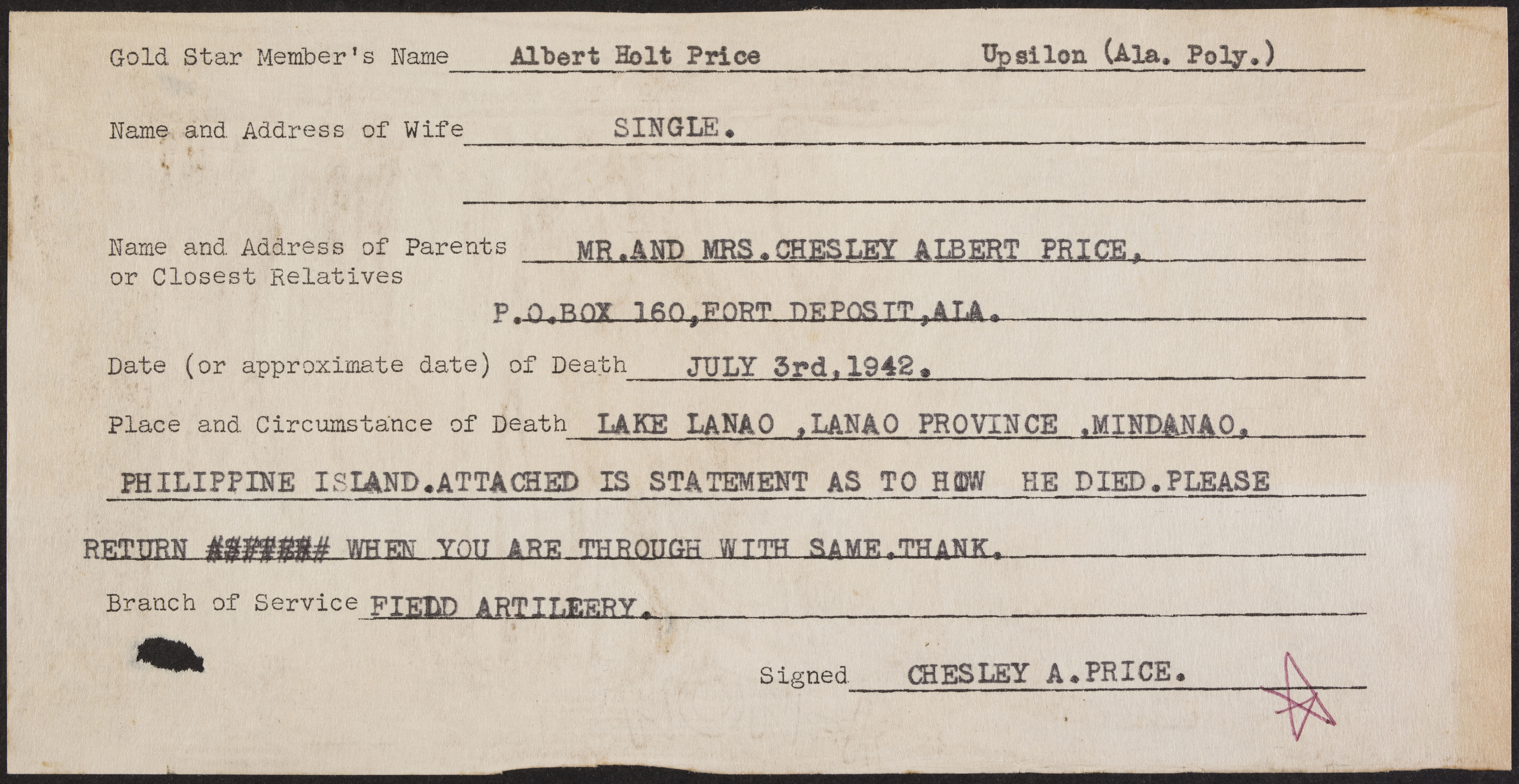 Albert Holt Price War Record Form