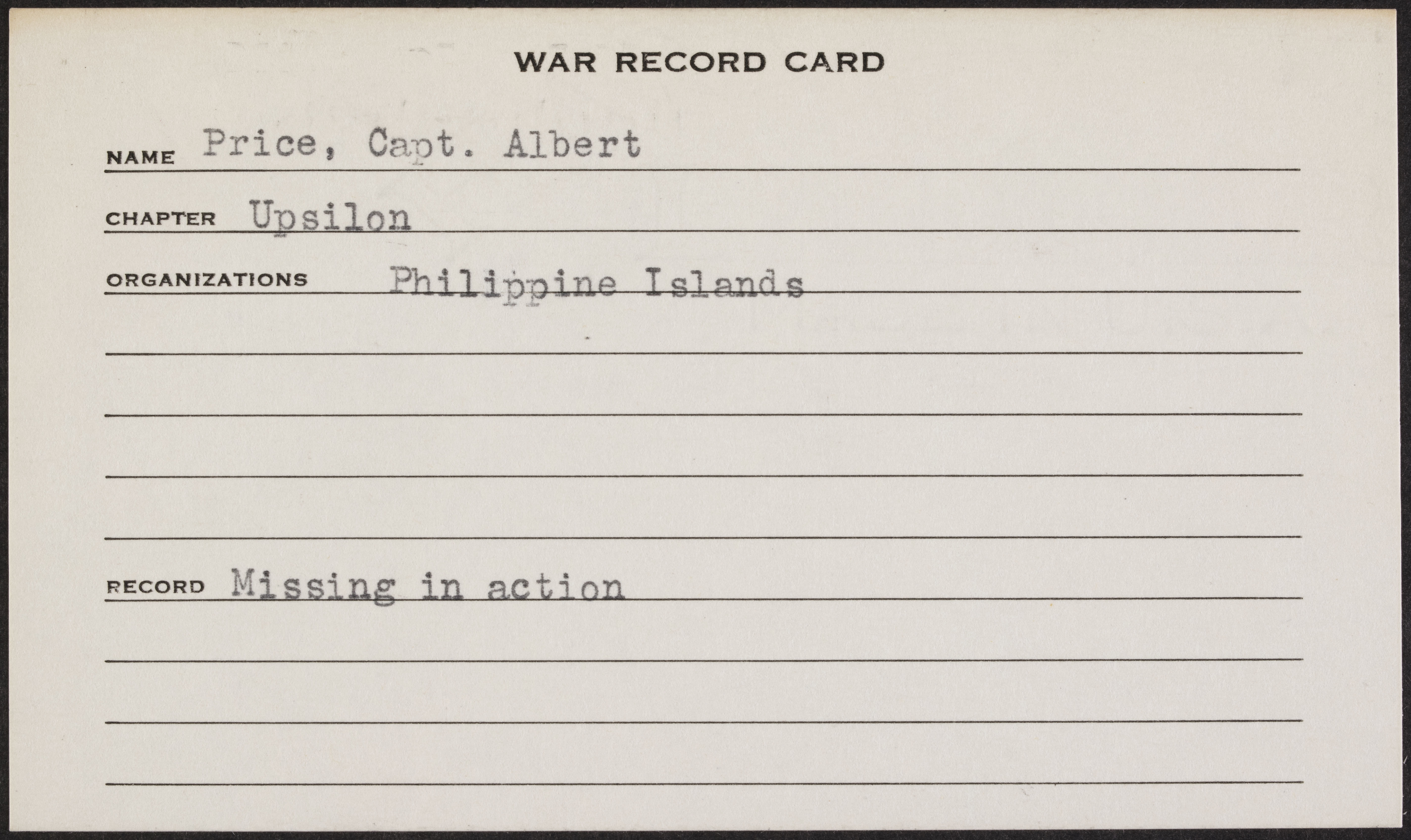 Albert Holt Price War Record Card