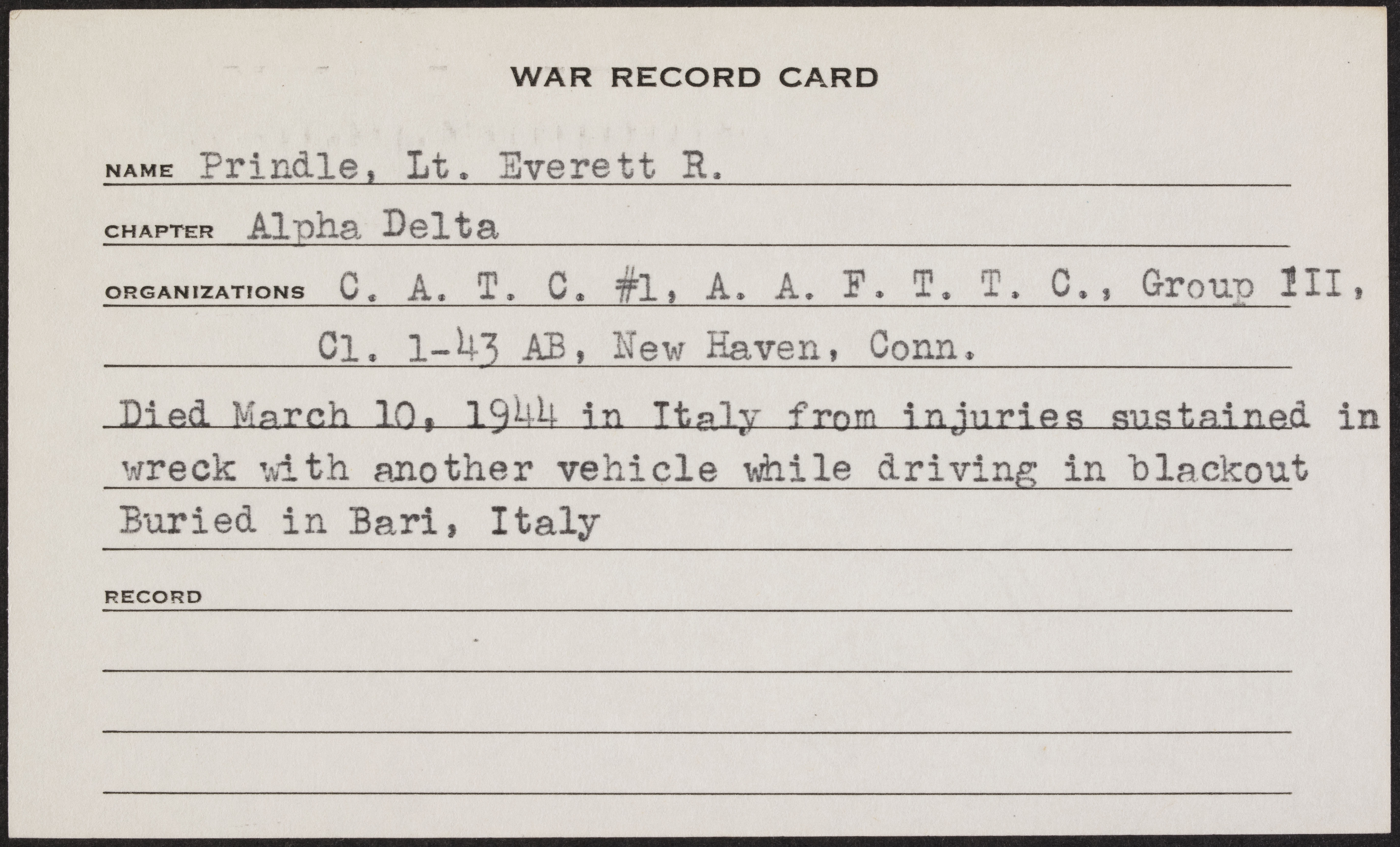 Everett Read Prindle War Record Card