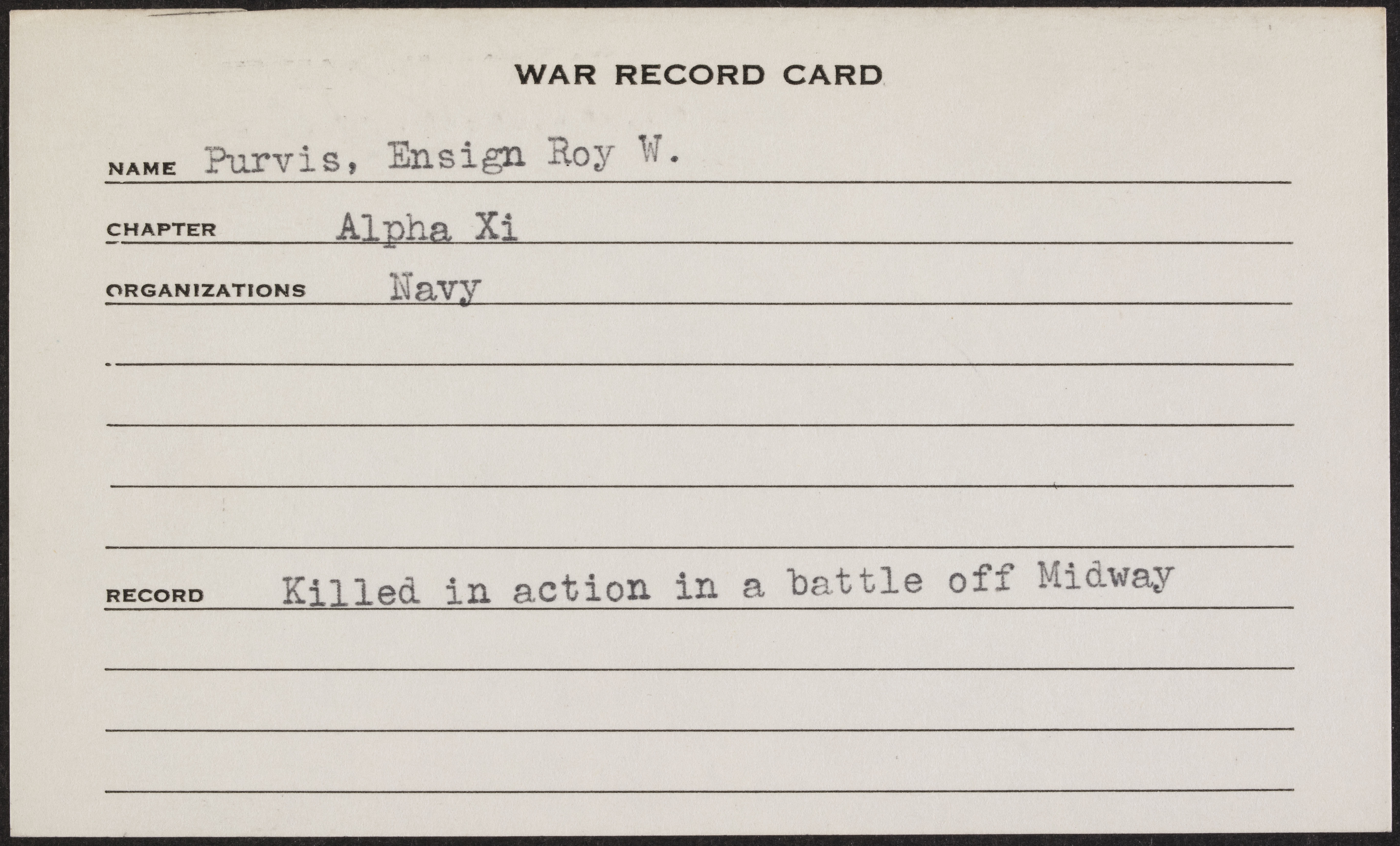 Roy Wallington Purvis War Record Card
