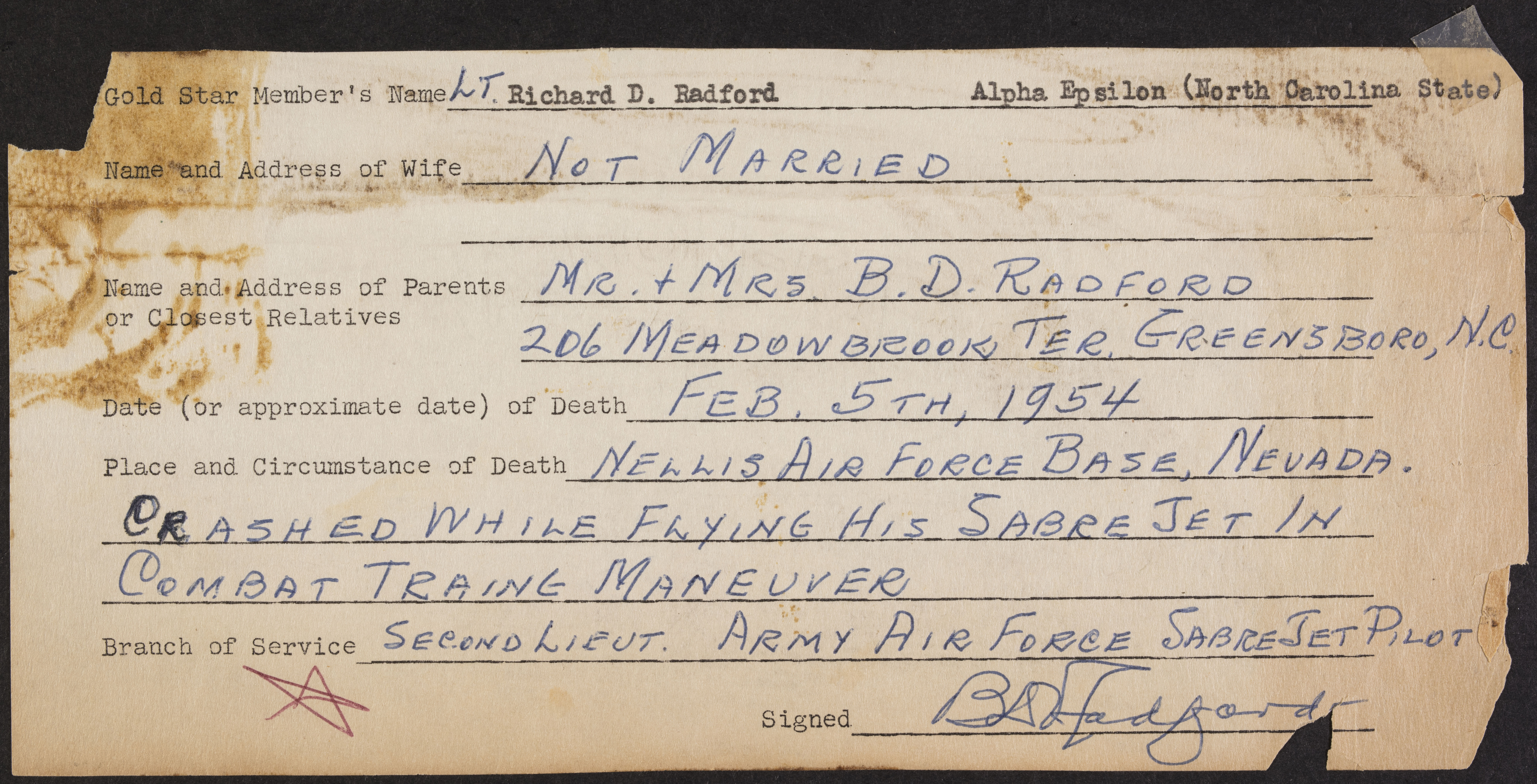Richard D. Radford War Record Form