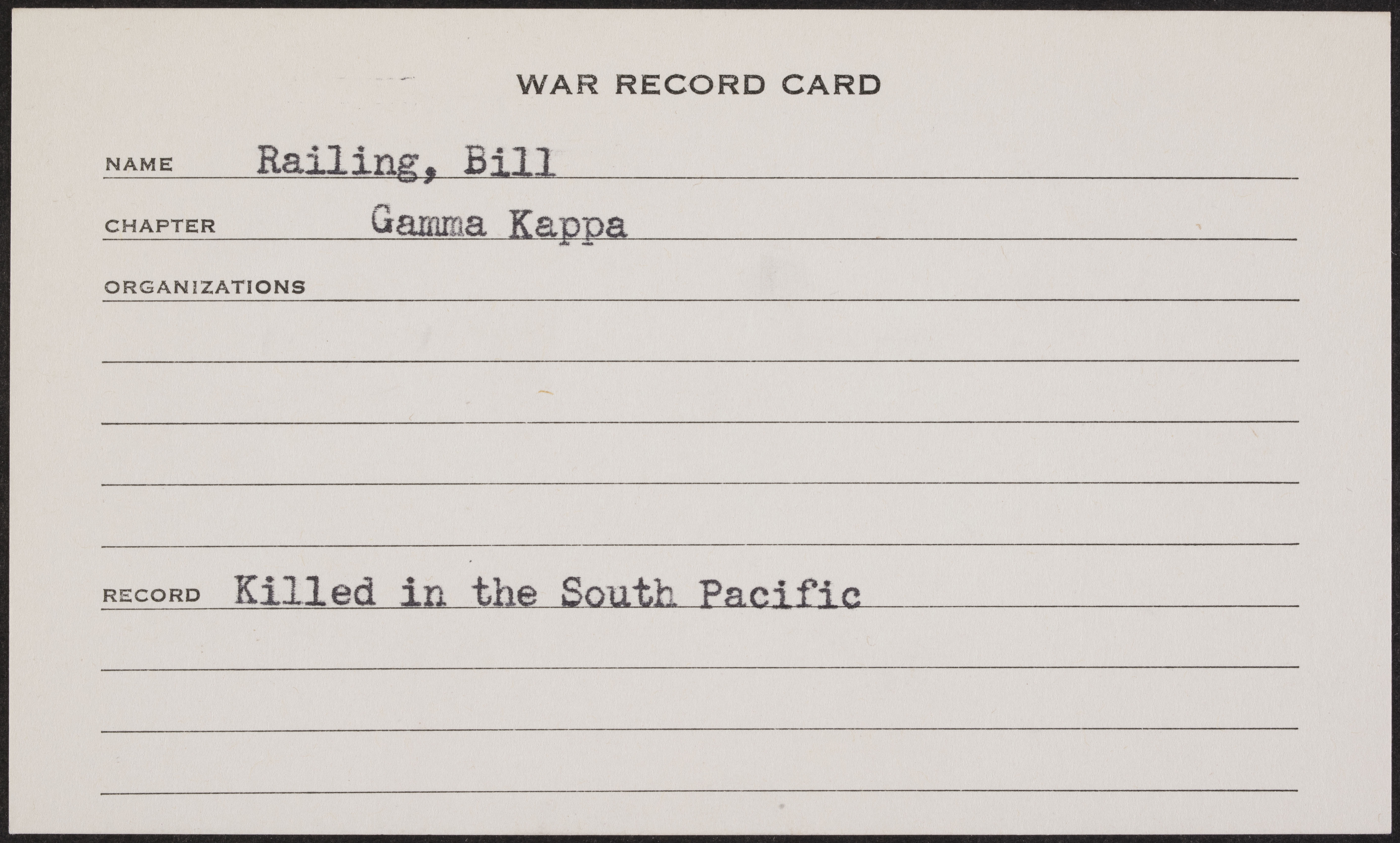 William McLay Railing War Record Card