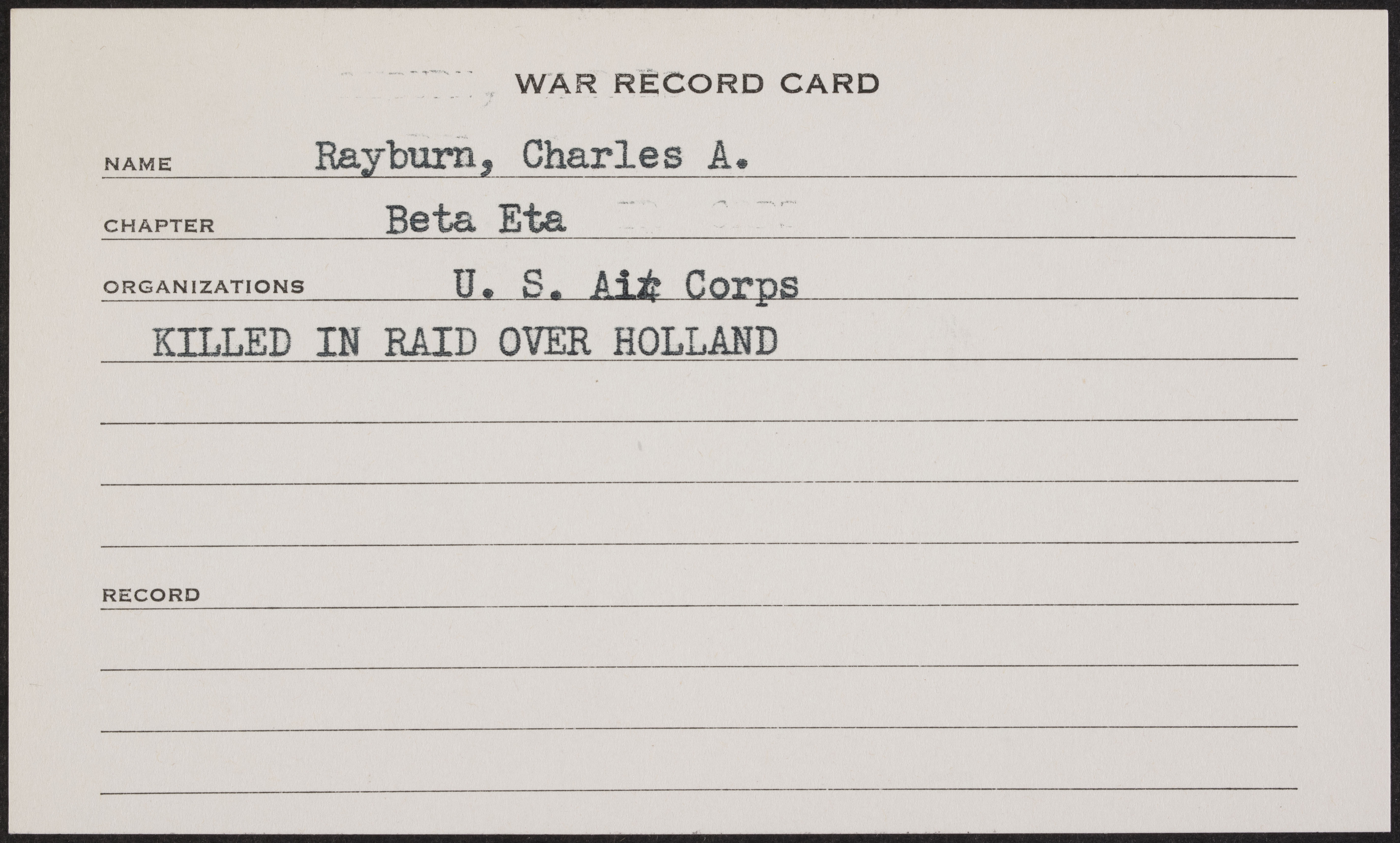 Charles Albert Rayburn War Record Card