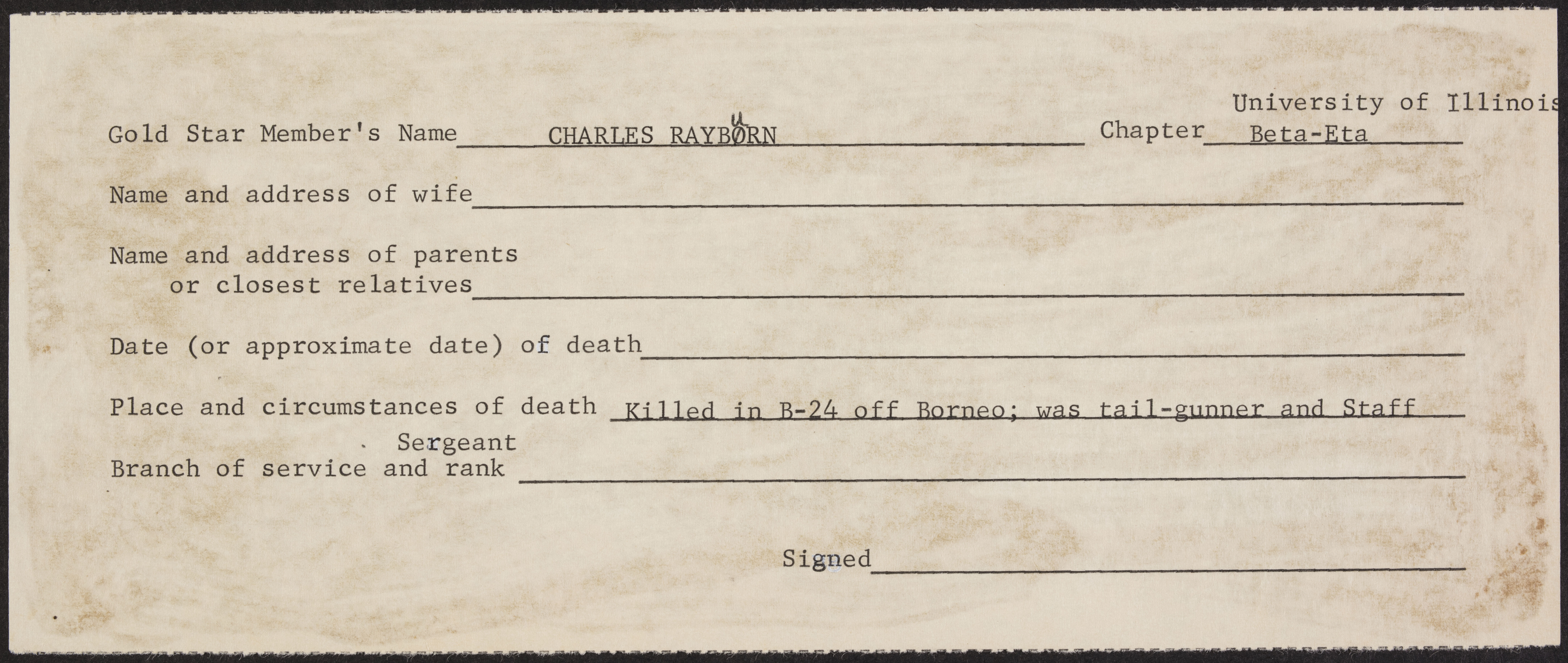 Charles Albert Rayburn War Record Form