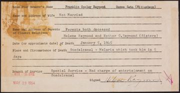 Franklin Cooley Raymond War Record Form, May 13, 1954