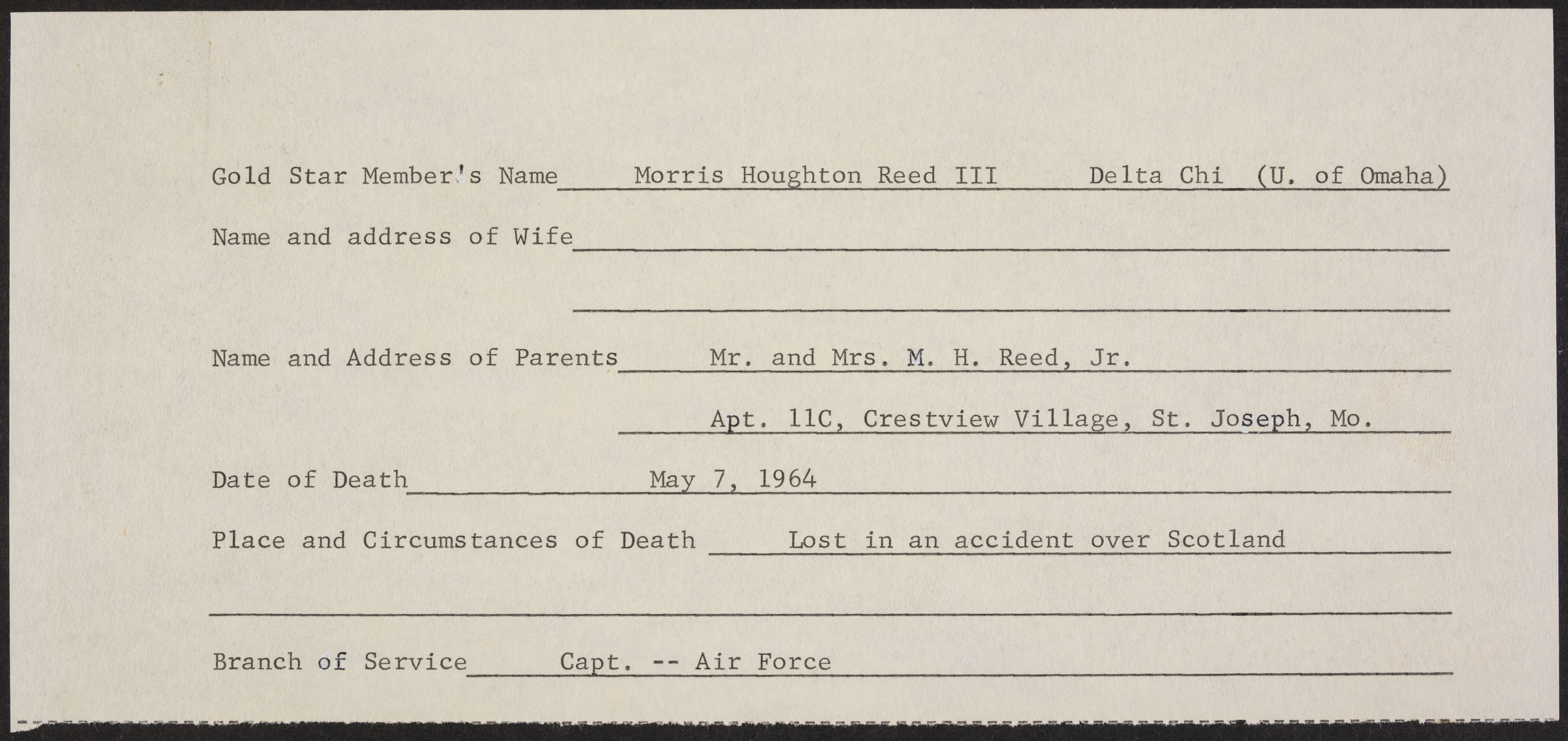 Morris Houghton Reed III War Record Form