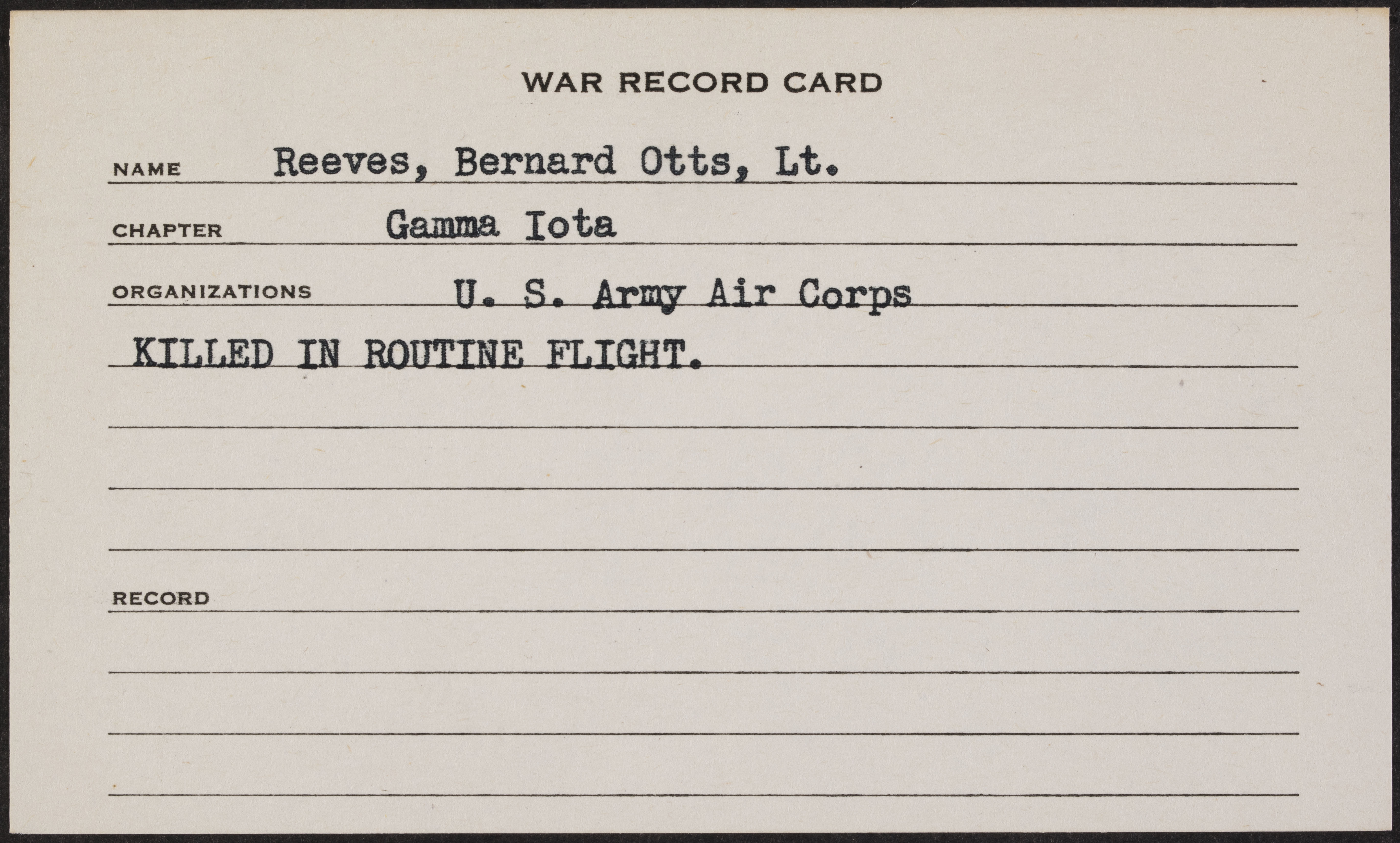 Bernard Otts Reeves War Record Card