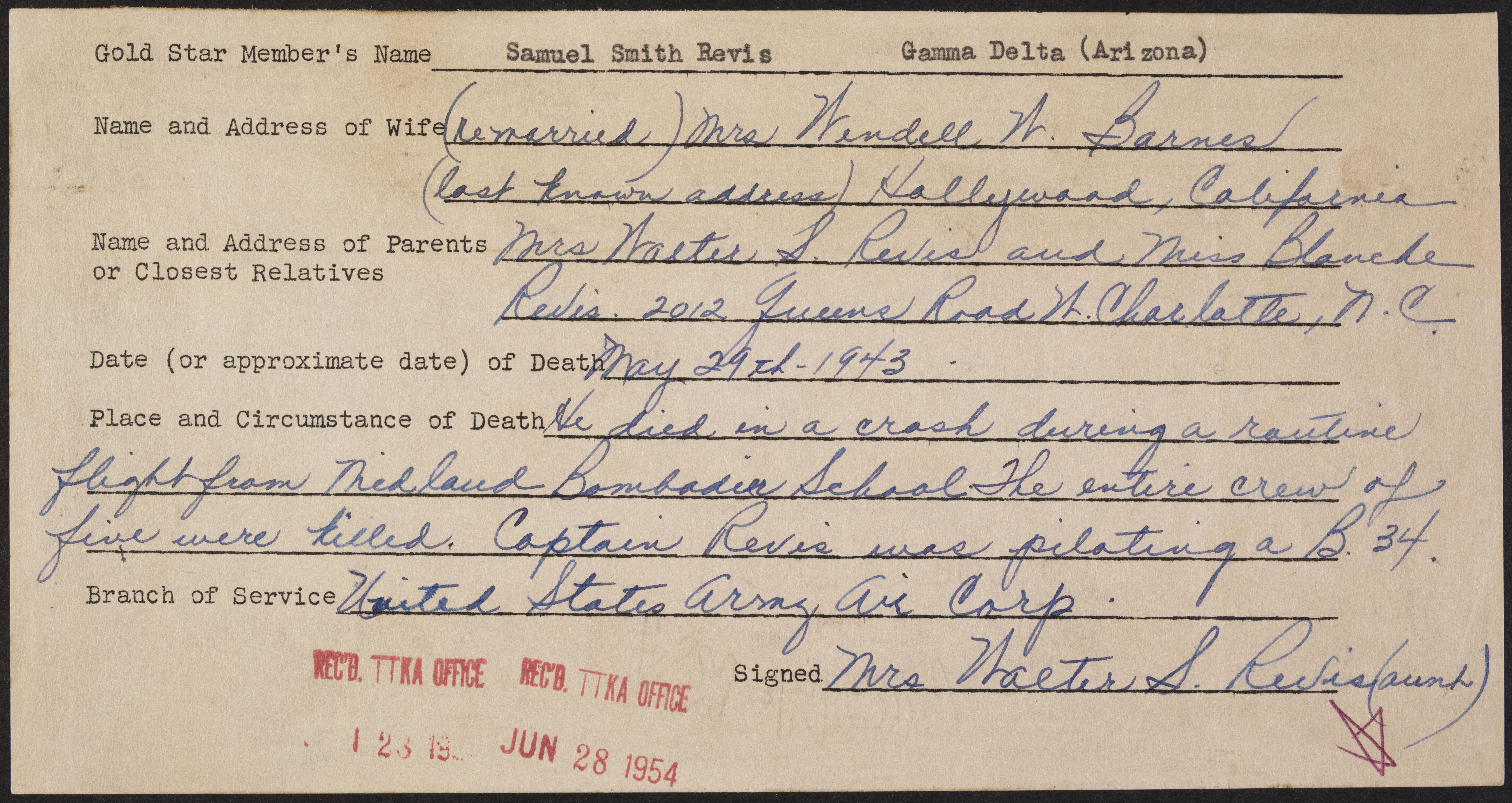 Samuel Smith Revis War Record Form, June 28, 1854