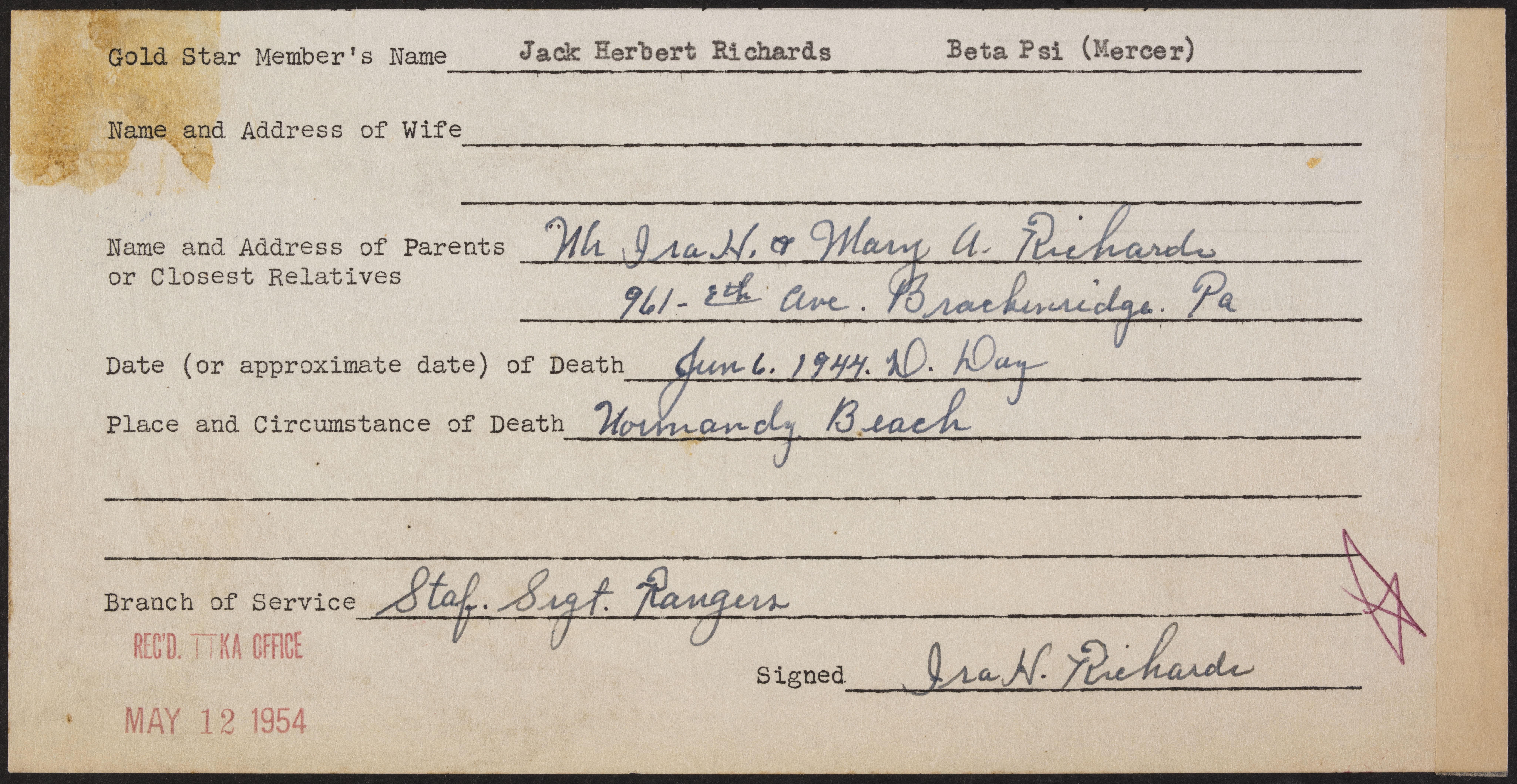 Jack Herbert Richards War Record Form, May 12, 1954