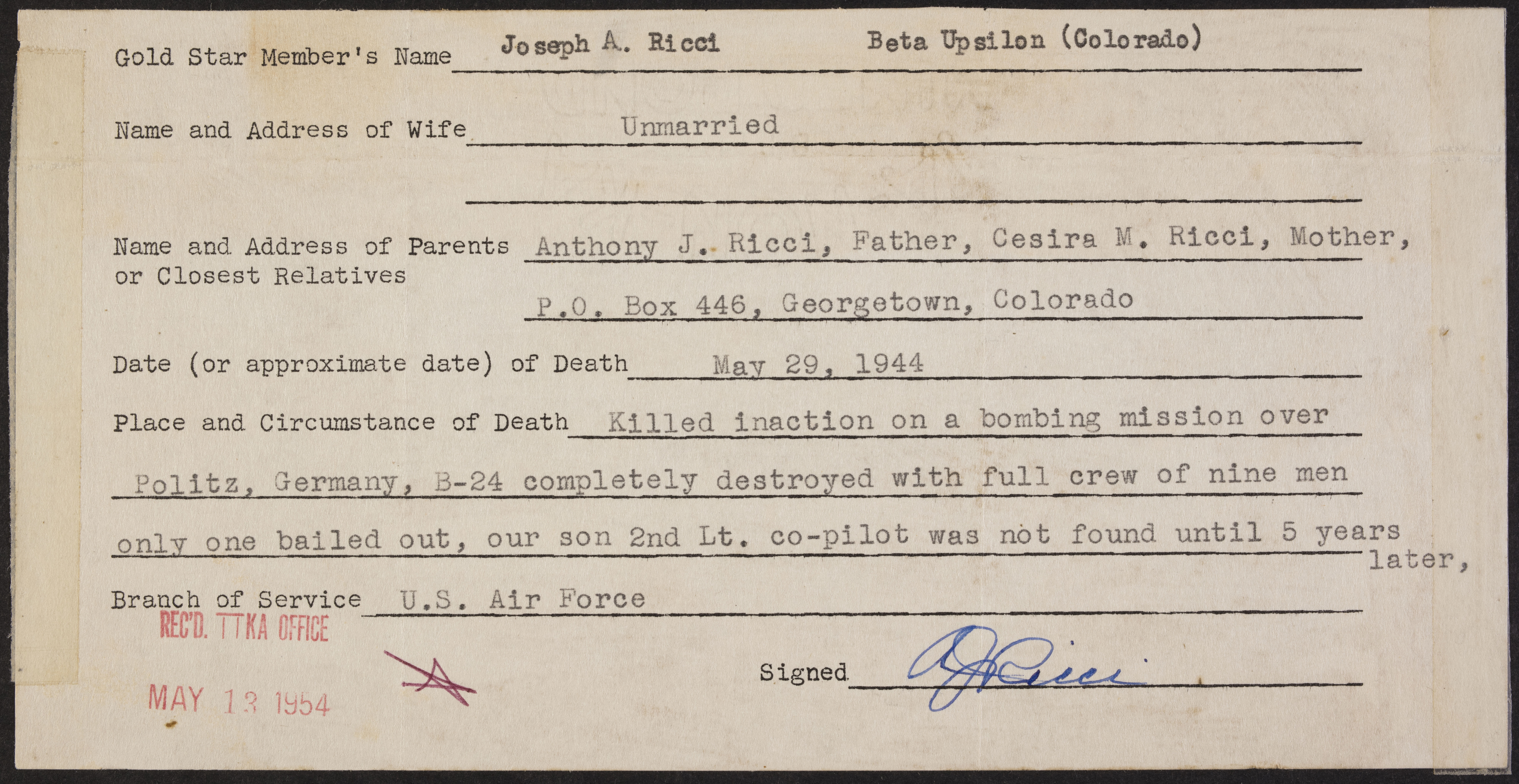 Joseph A. Ricci War Record Form