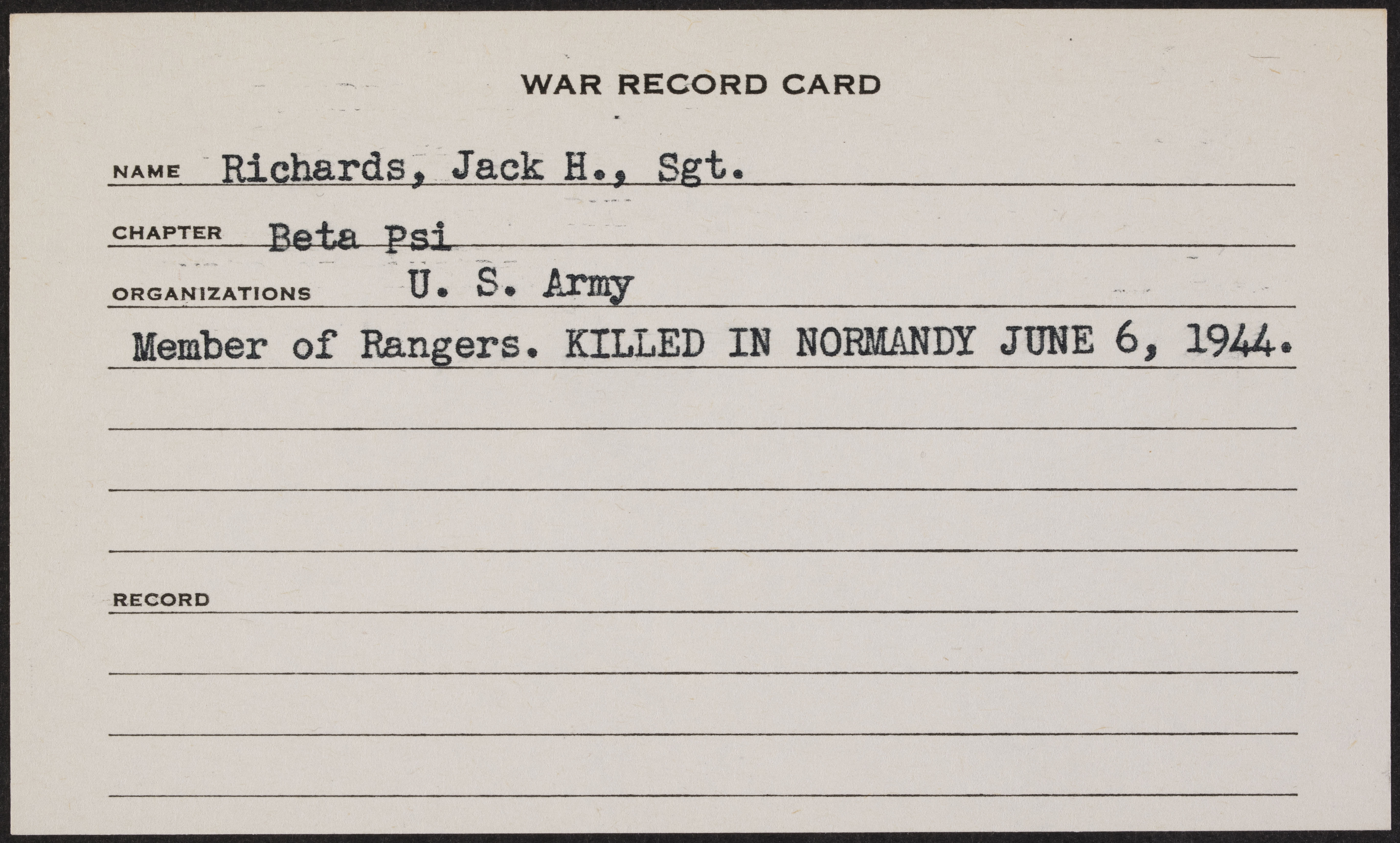 Jack Herbert Richards War Record Card