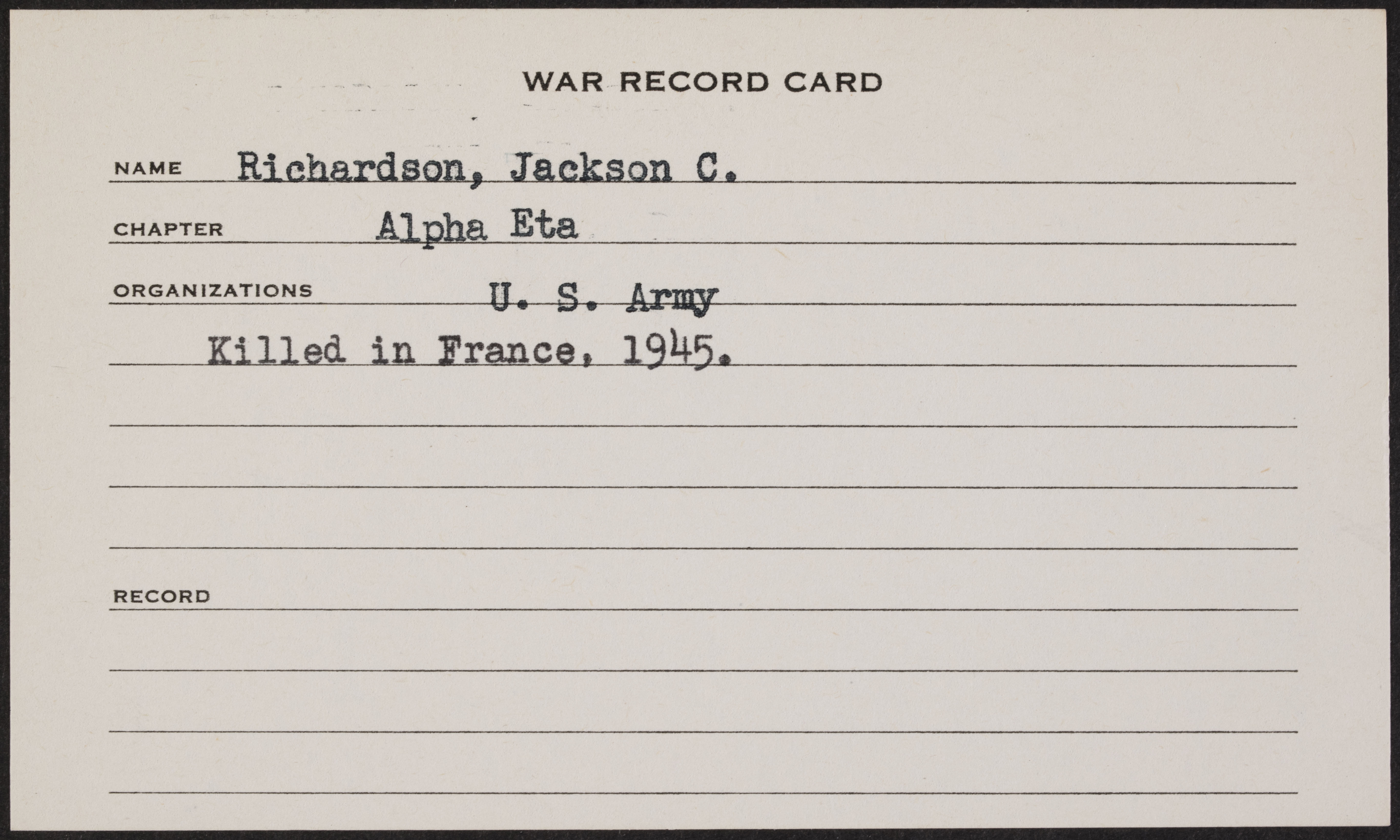 Jackson Collins Richardson War Record Card