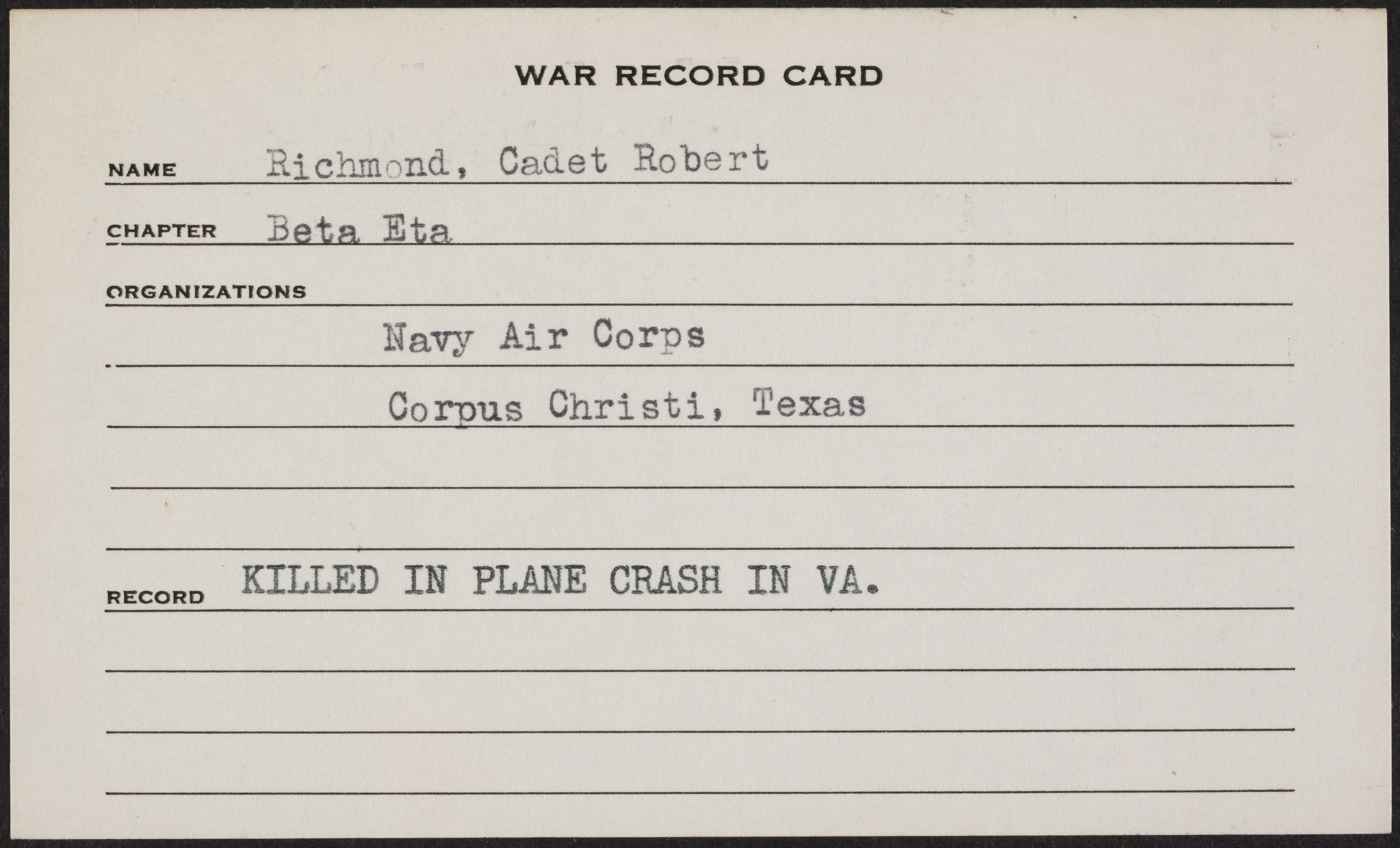 Robert Fern Richmond War Record Card
