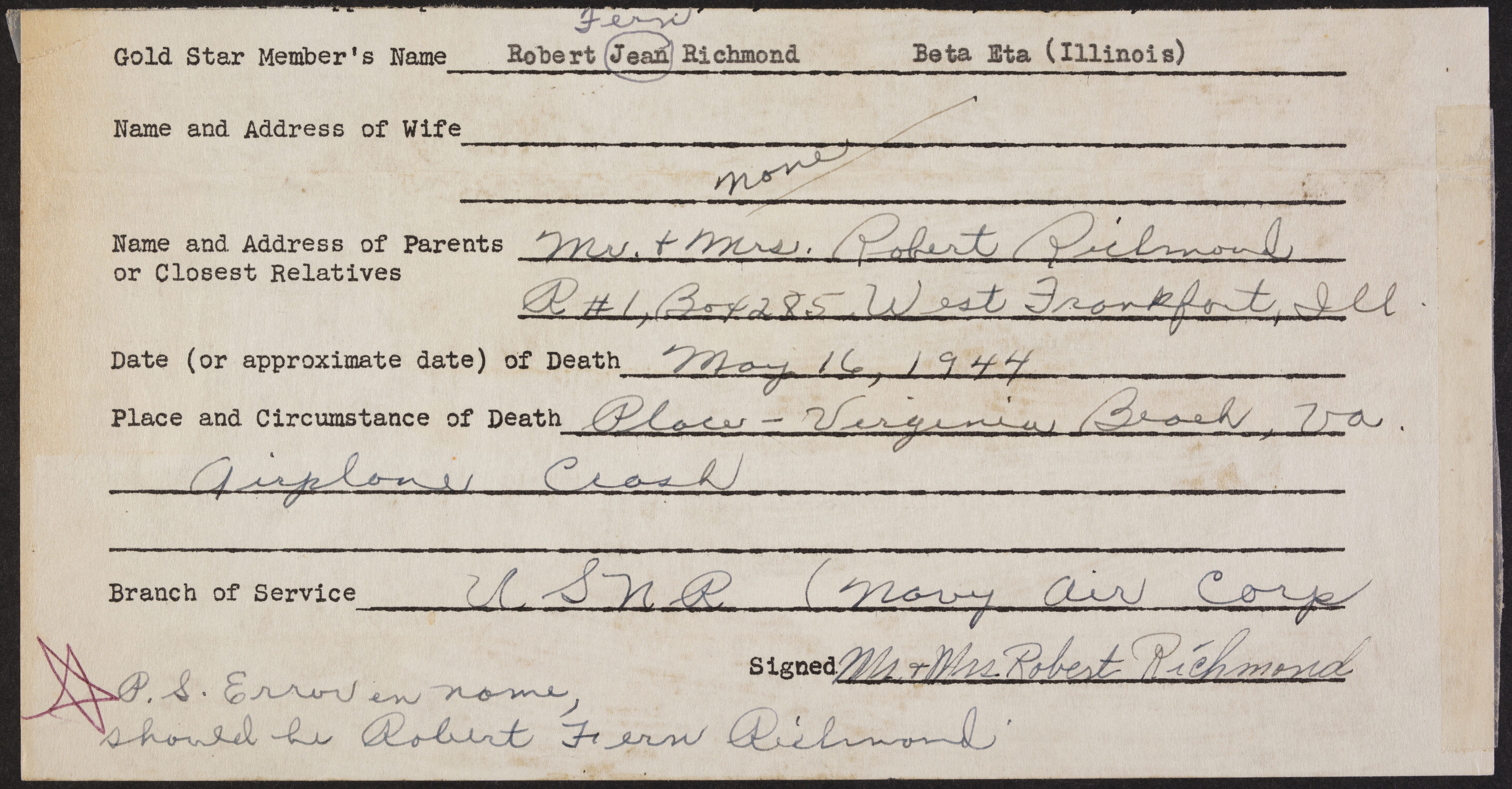 Robert Fern Richmond War Record Form