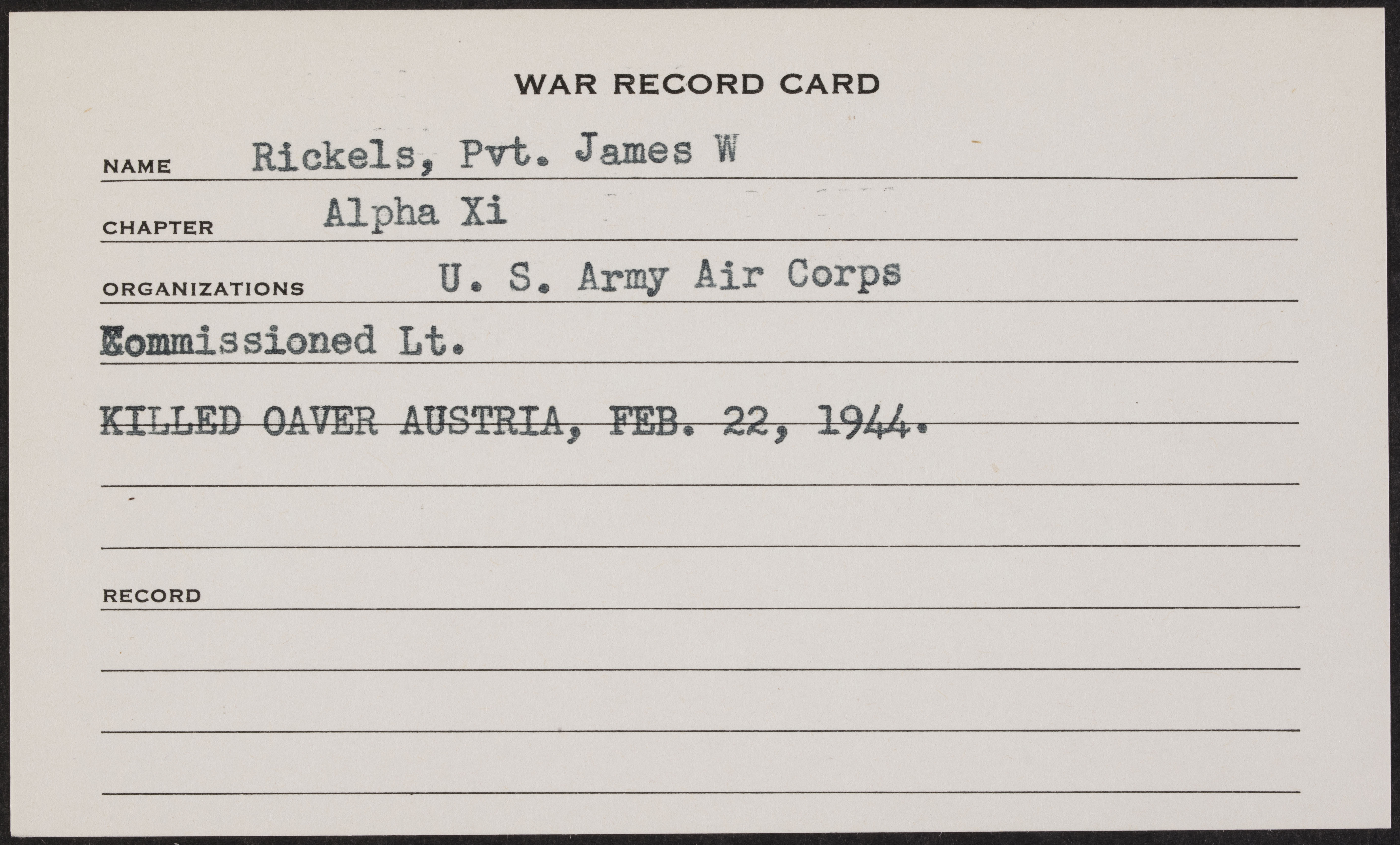 James William Rickels War Record Card