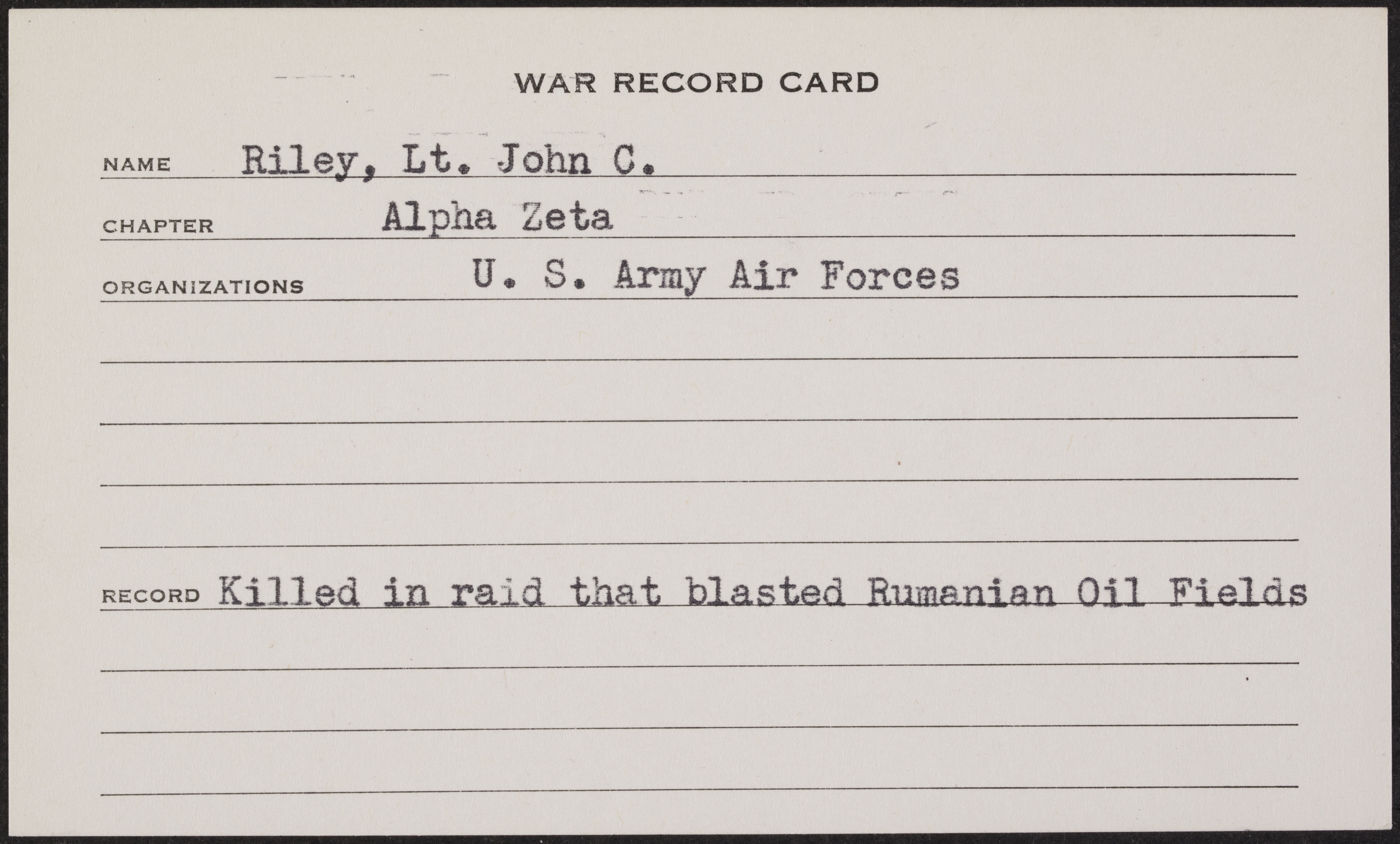 John Clark Riley War Record Card