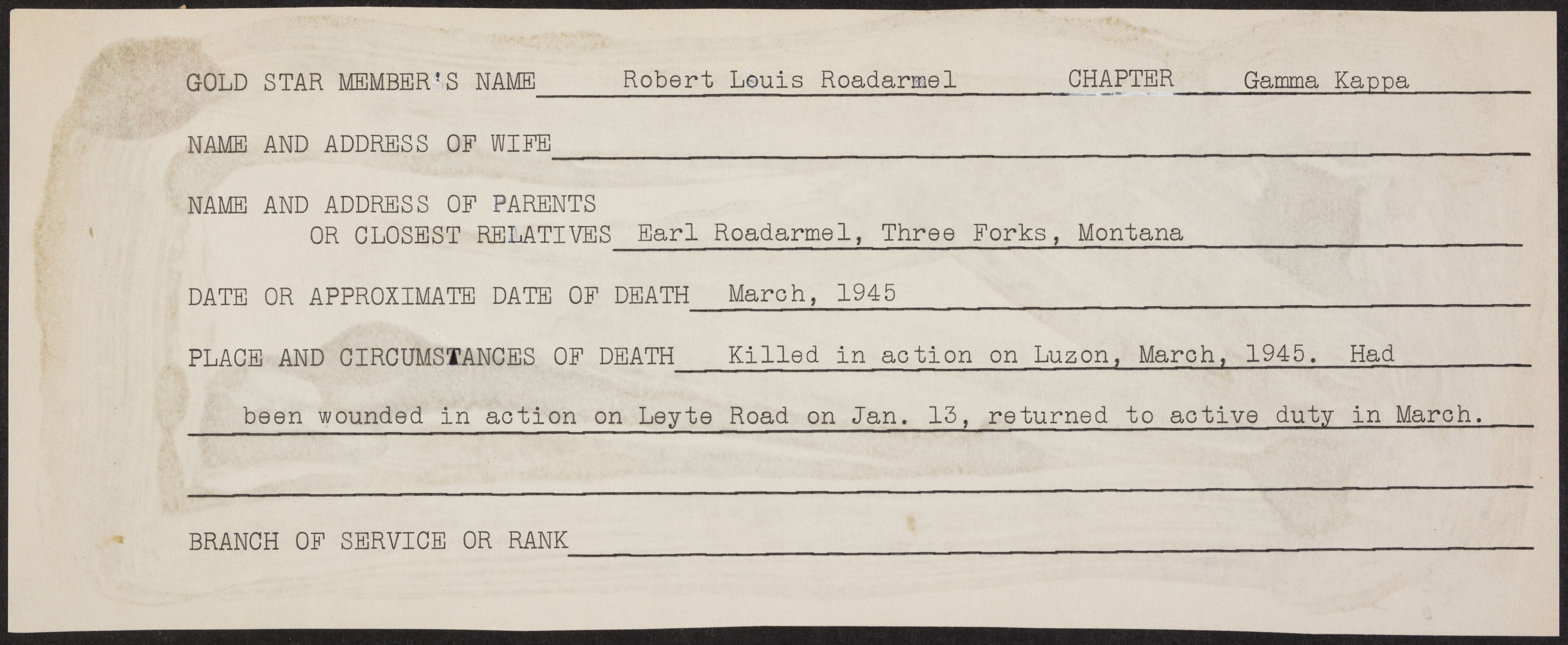 Robert Louis Roadarmel War Record Form