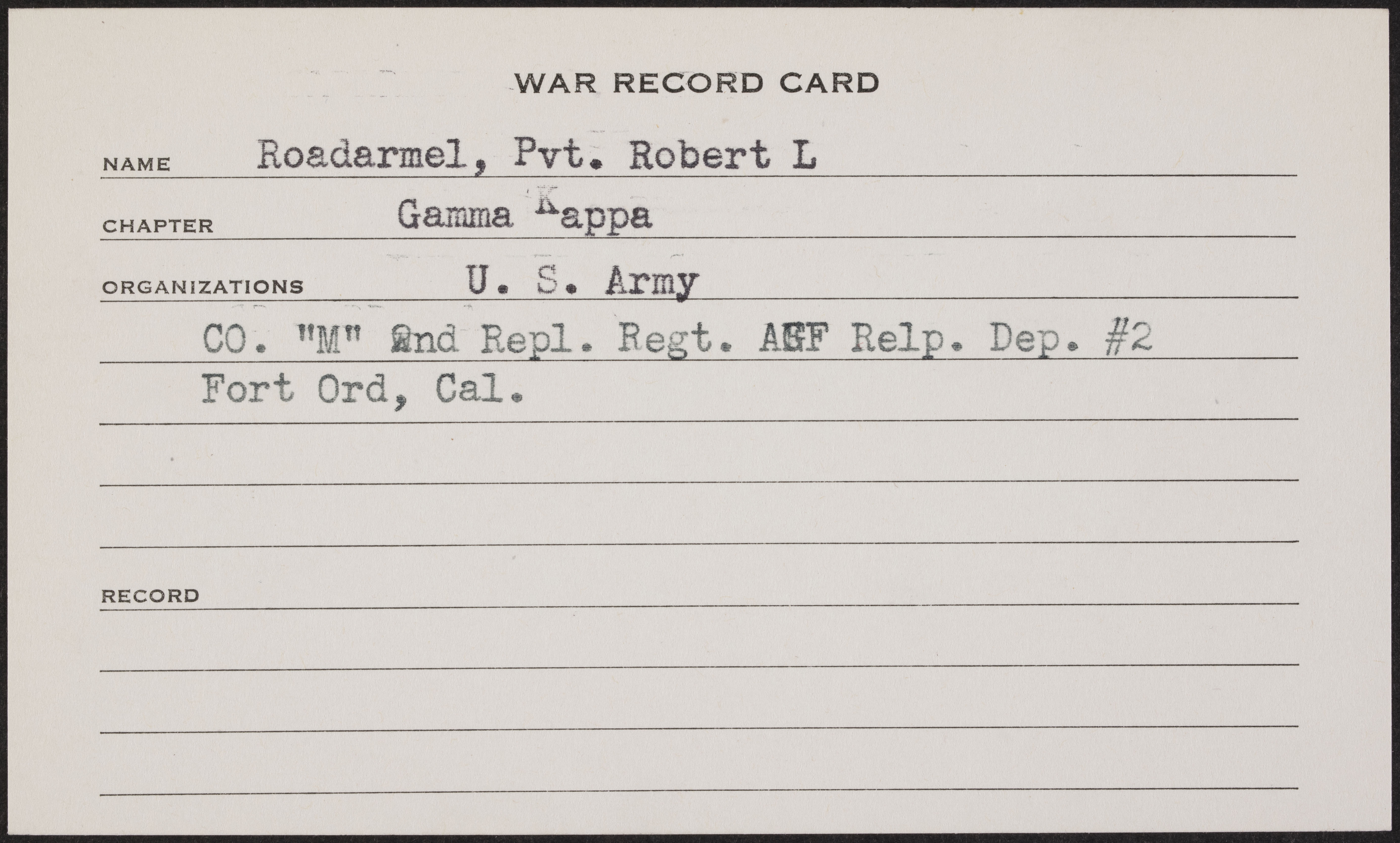 Robert Louis Roadarmel War Record Card