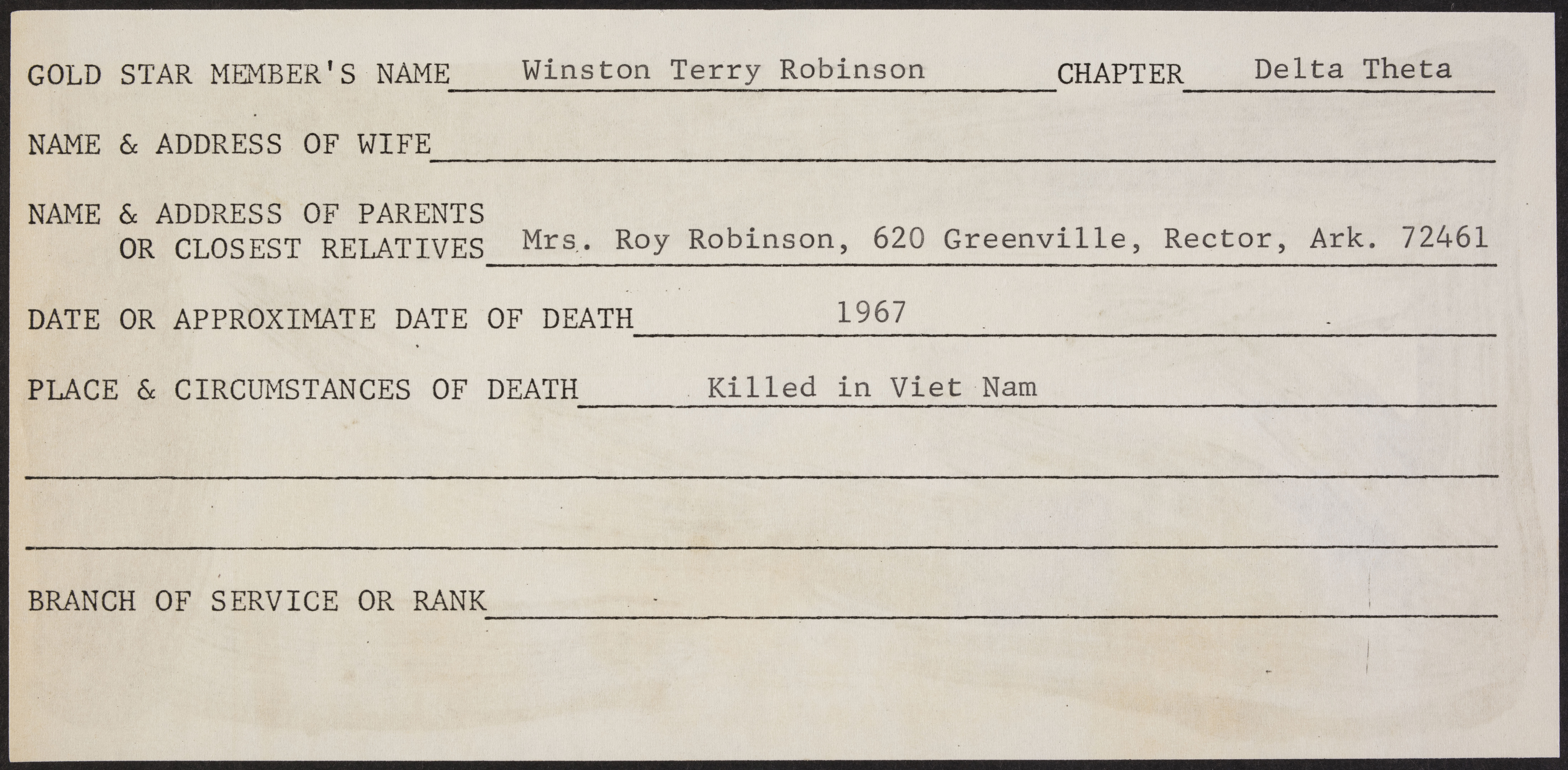 Winston Terry Robinson War Record Form