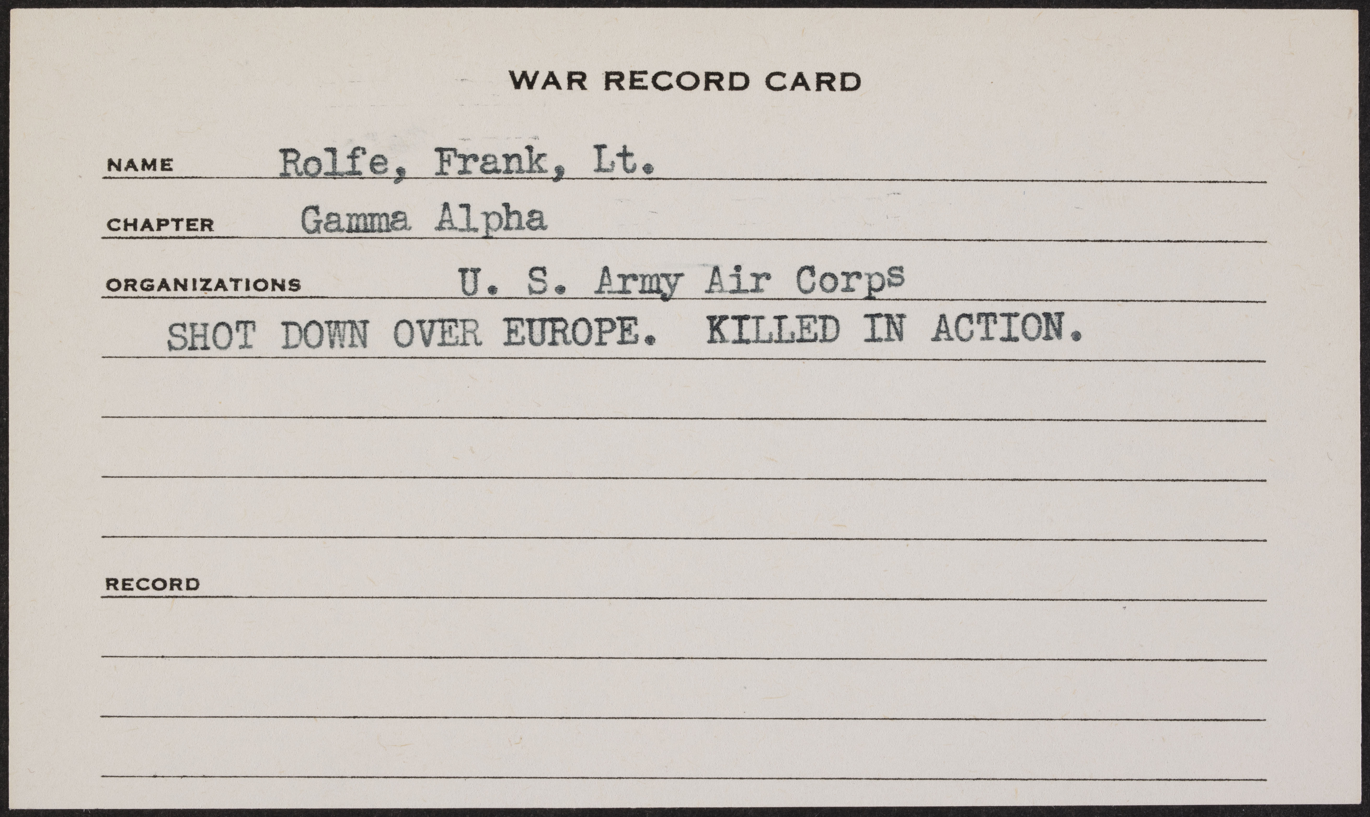 Frank Oliver Rolfe War Record Card