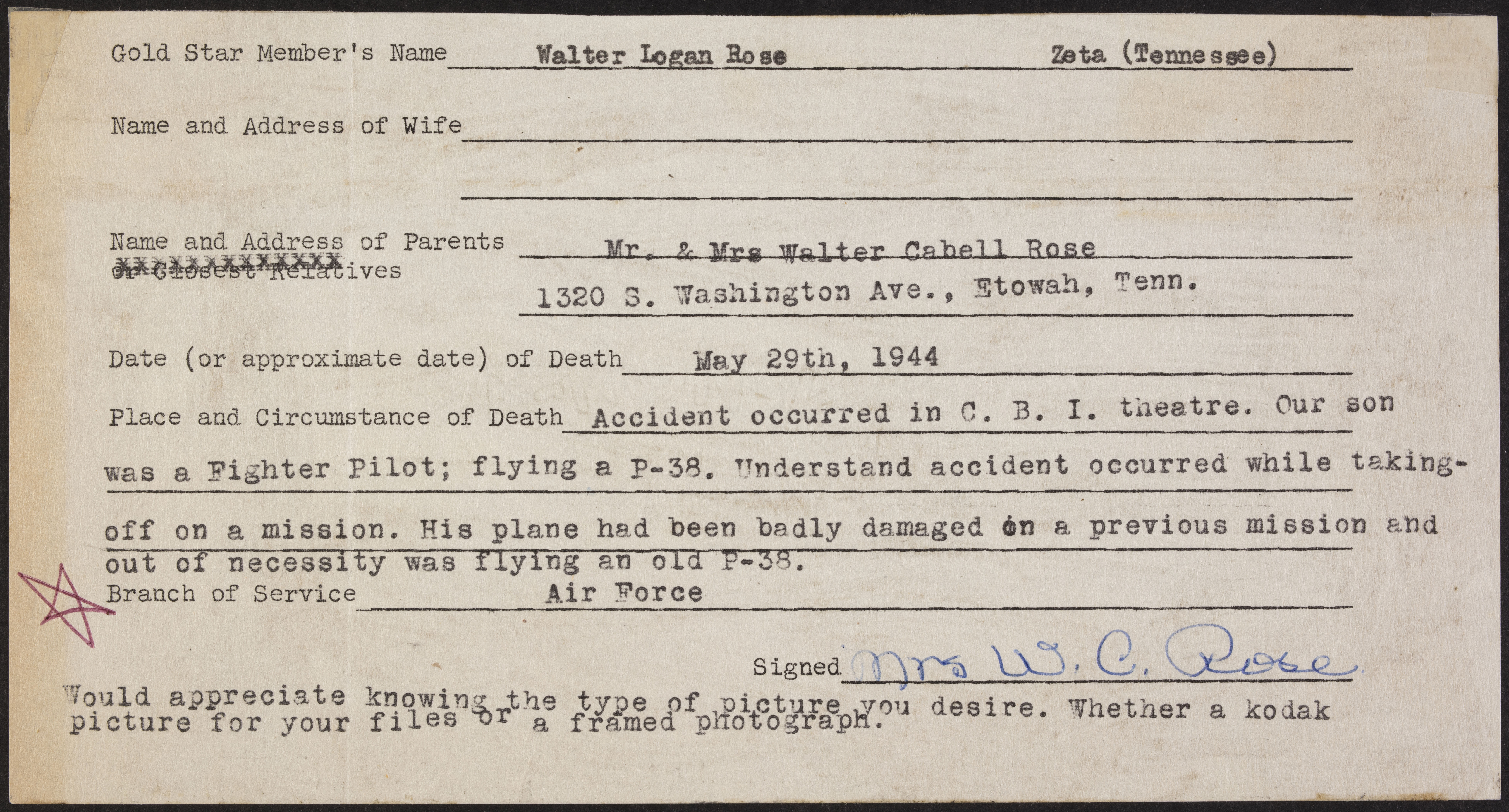 Walter Logan Rose War Record Form