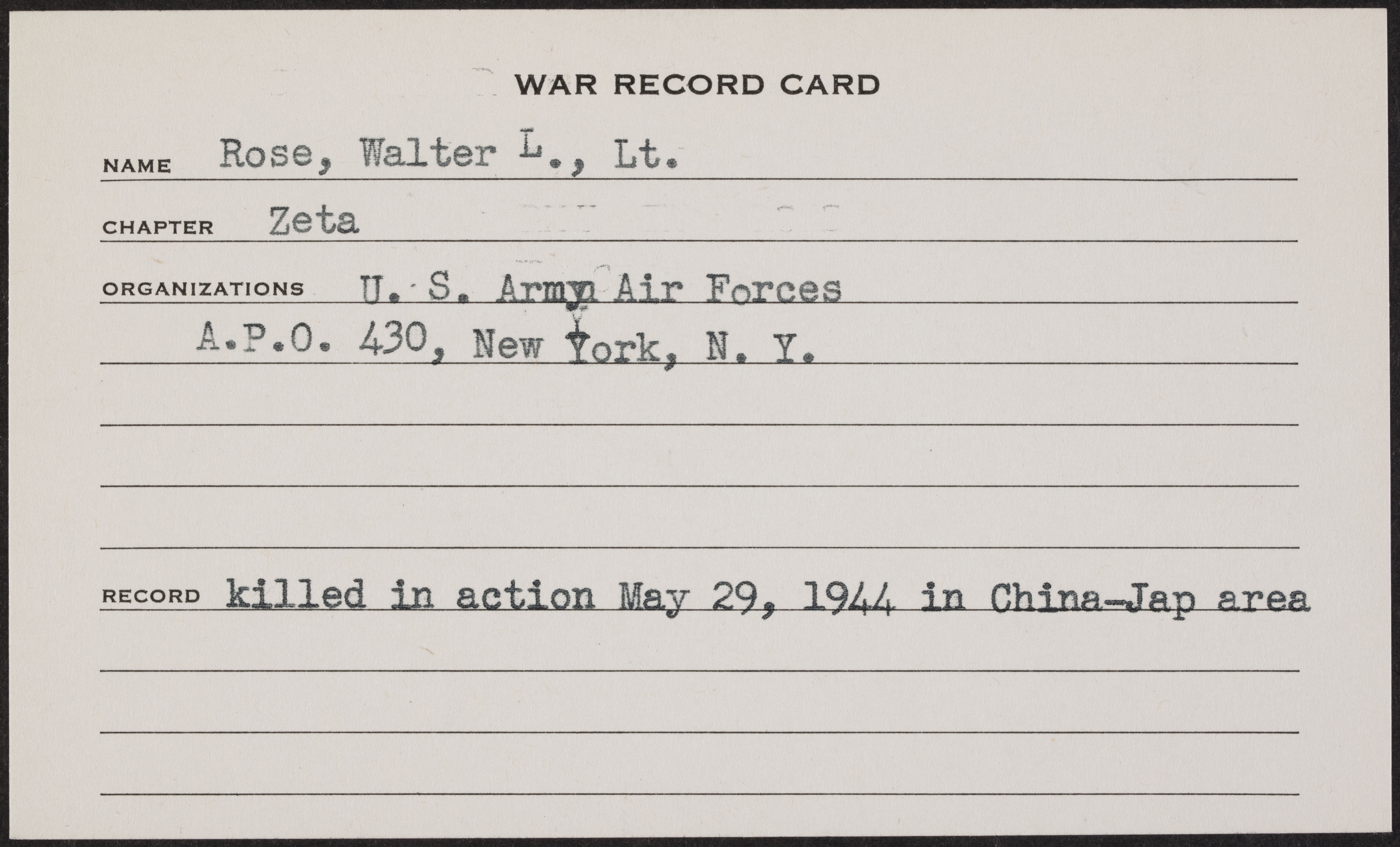 Walter Logan Rose War Record Card