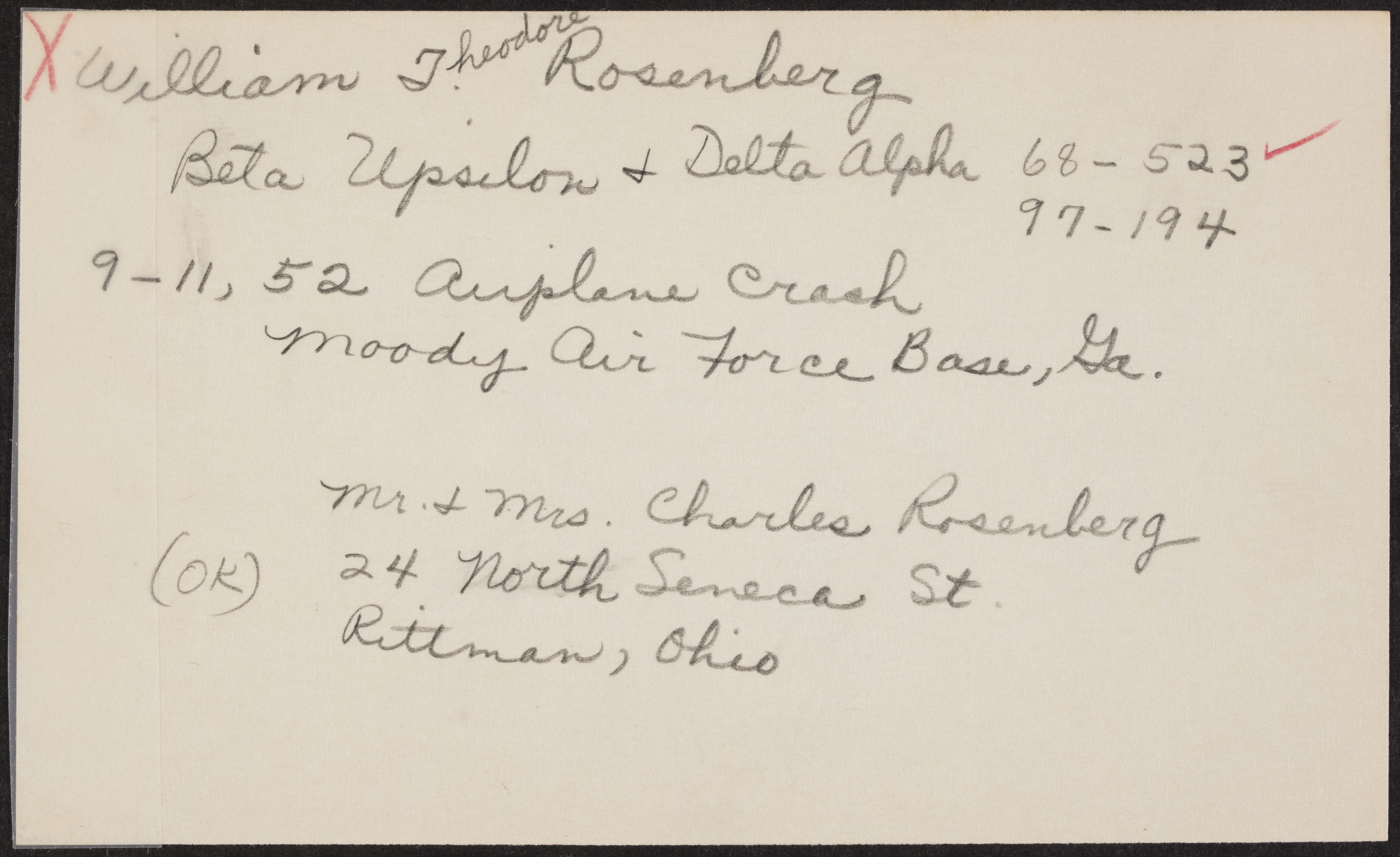 William Theodore Rosenberg War Record Card