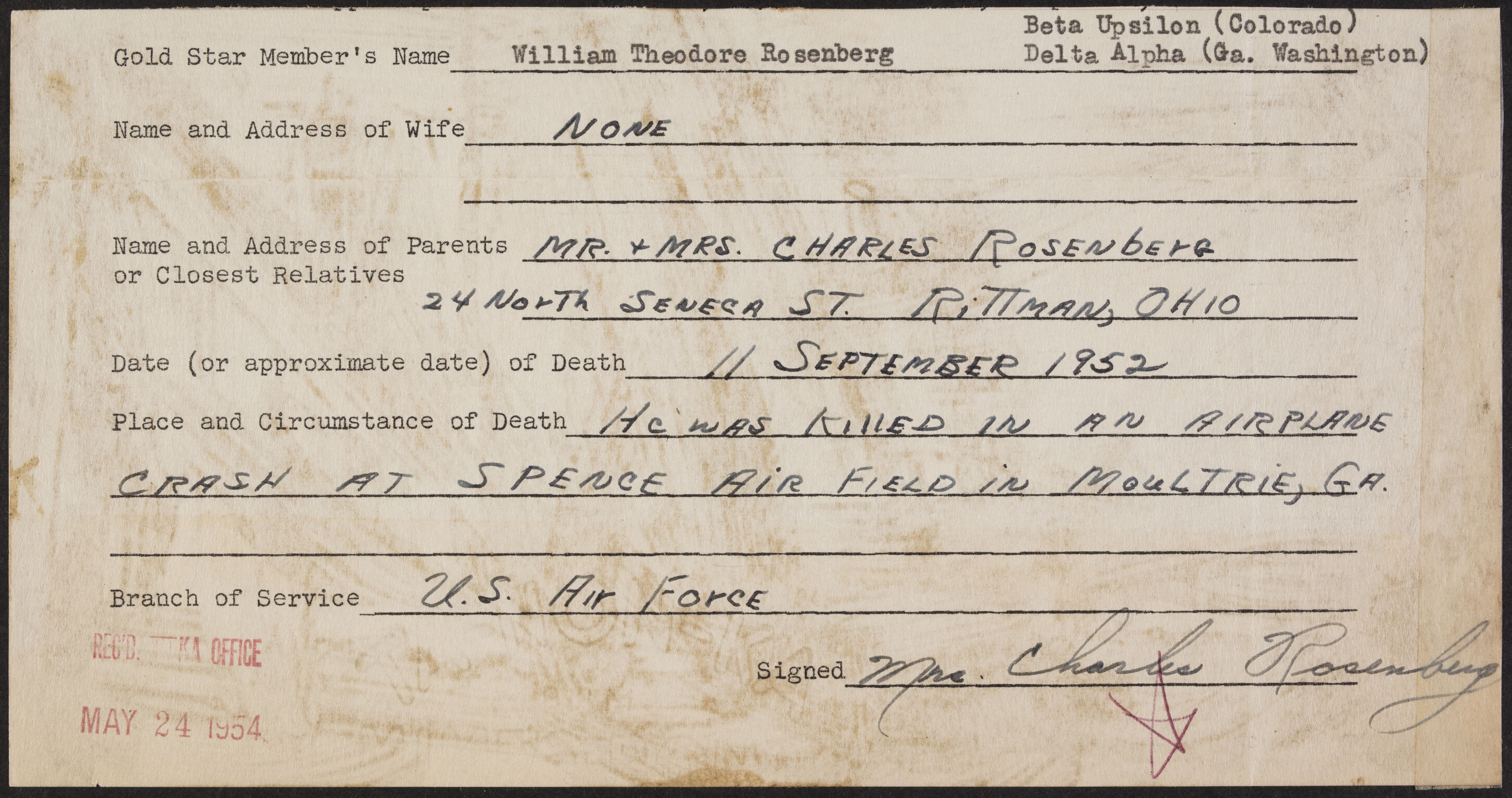William Theodore Rosenberg War Record Form, May 24, 1954