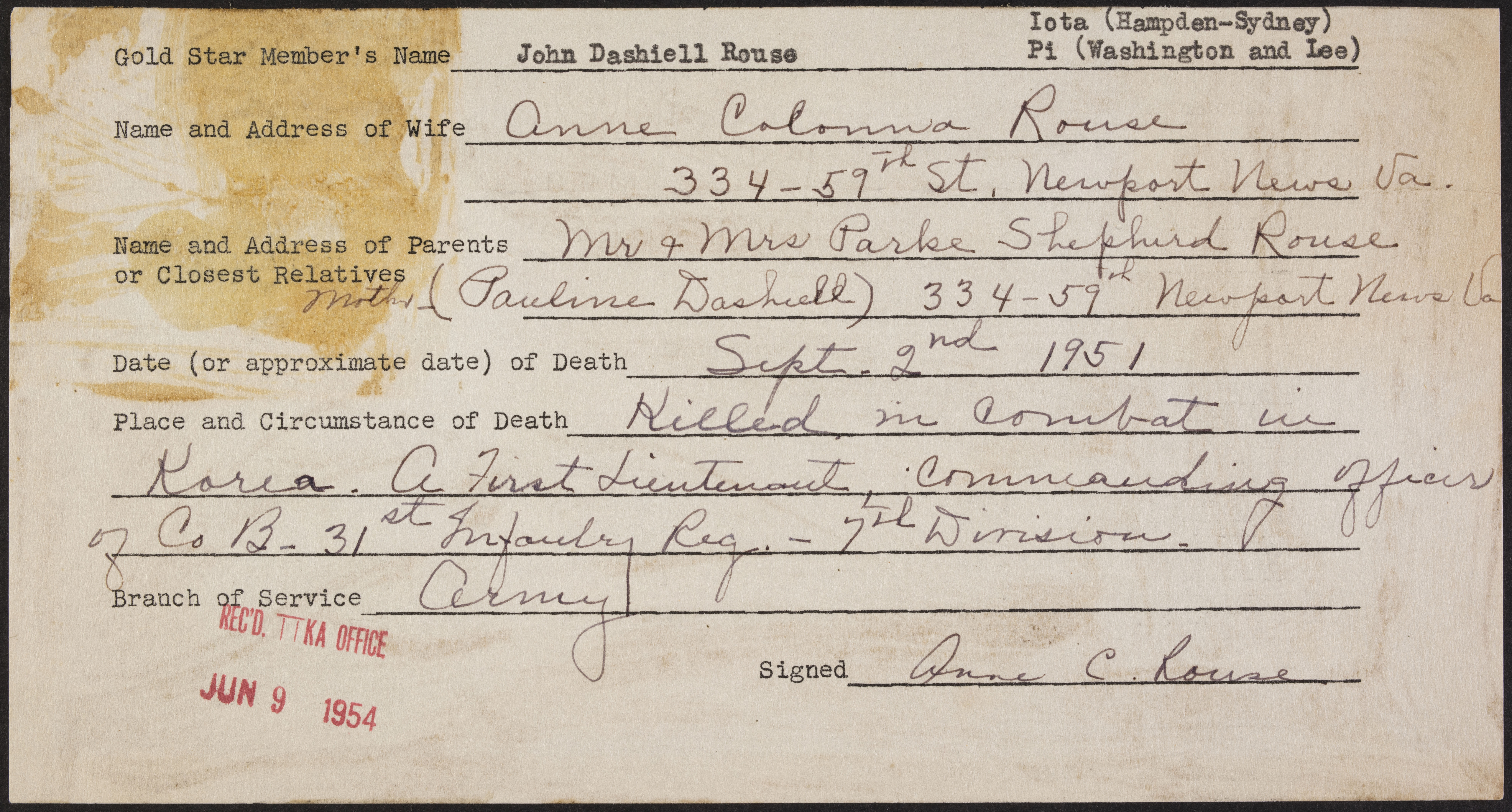 John Dashiell Rouse War Record Form, June 9, 1954