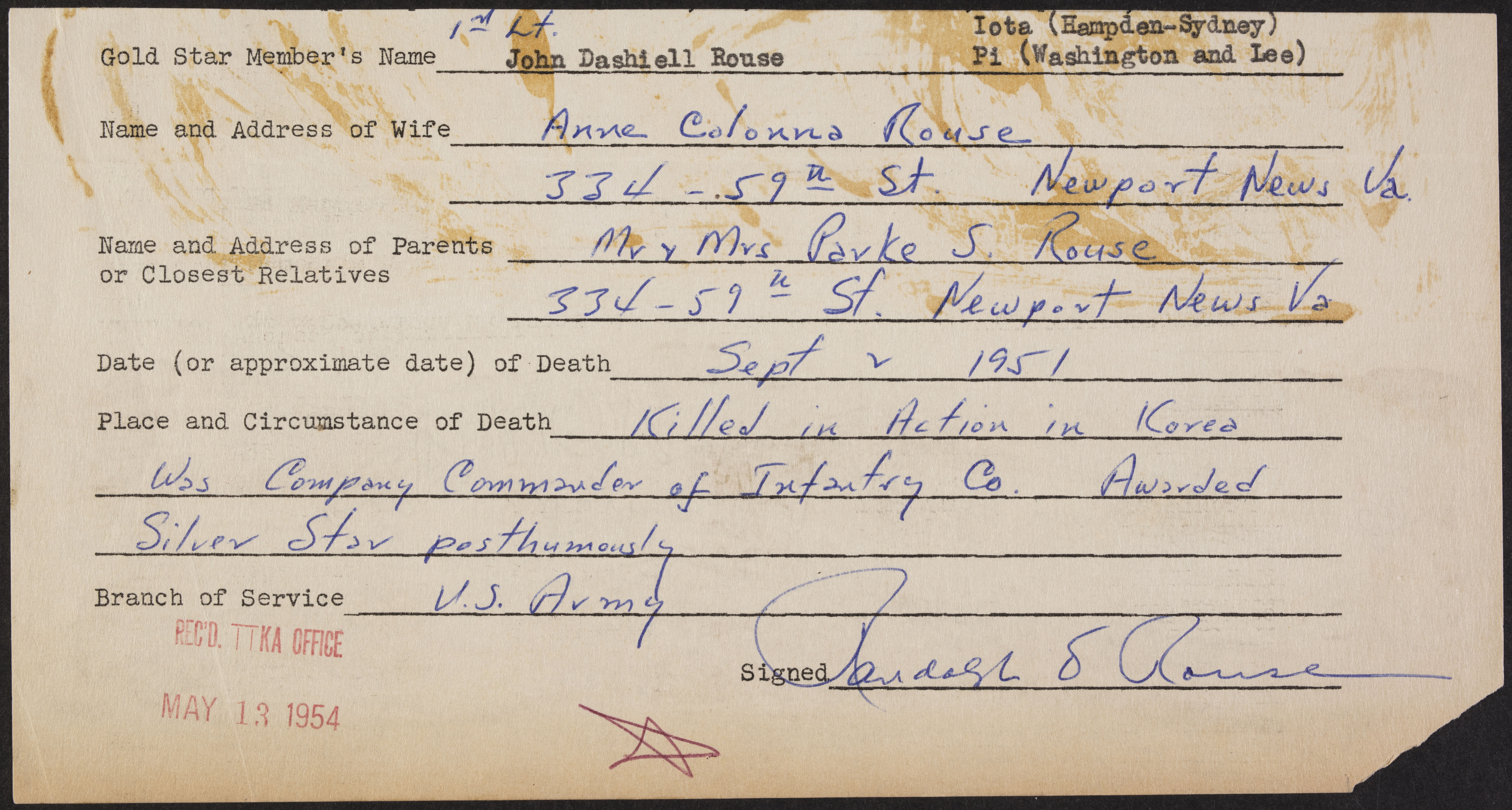 John Dashiell Rouse War Record Form, May 13, 1954