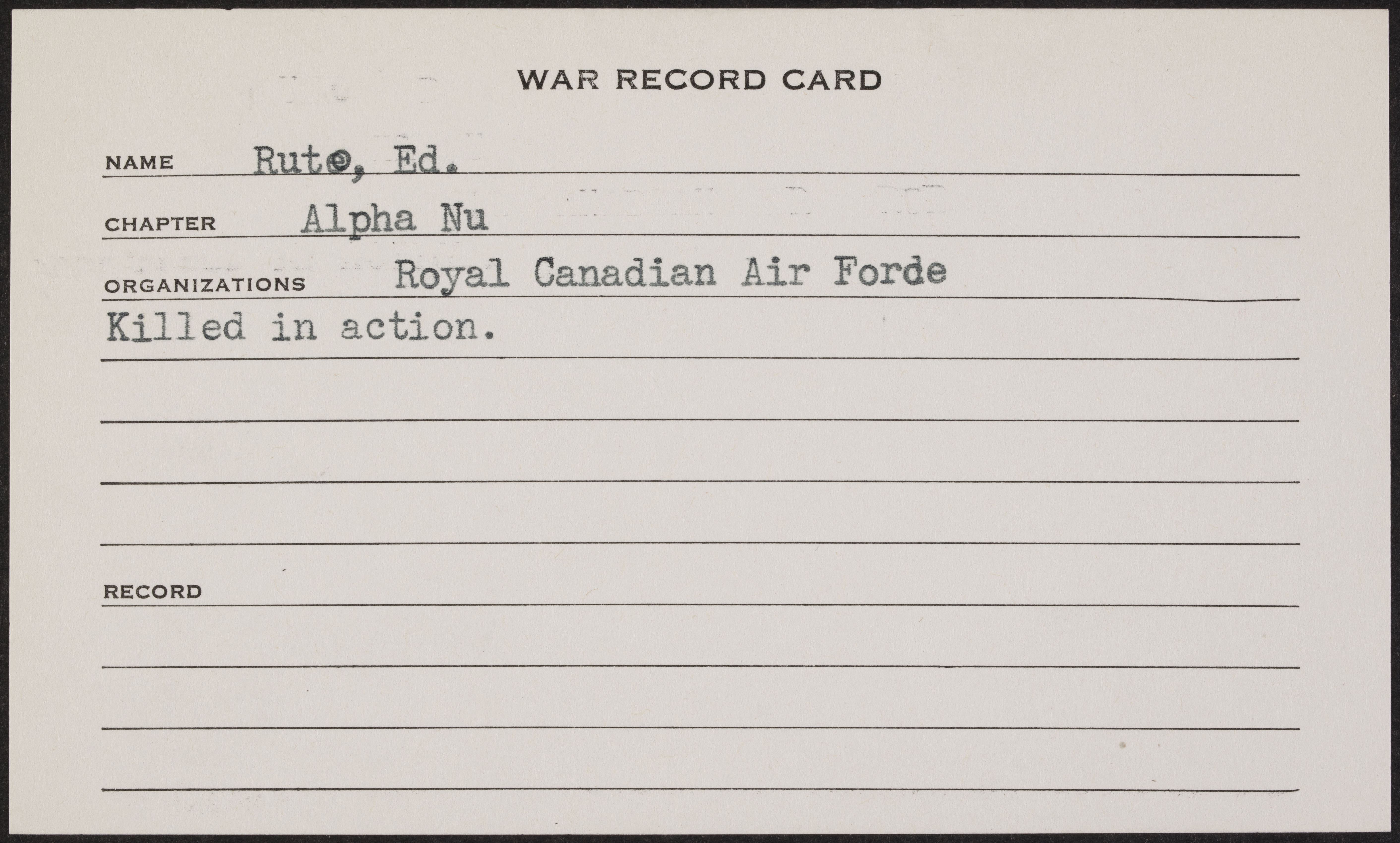 Edward Basil Ruto War Record Card