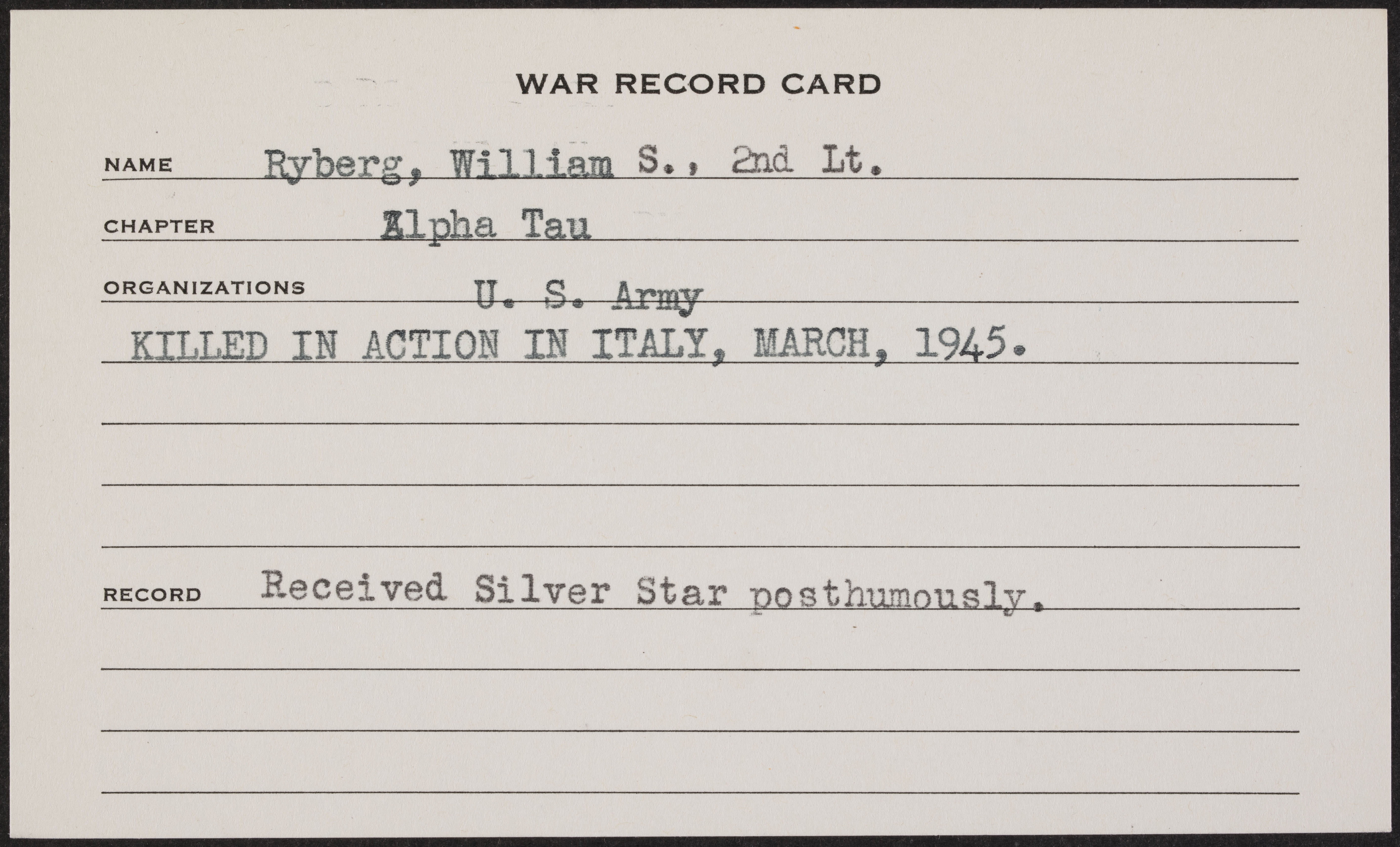 William S. Ryberg War Record Card