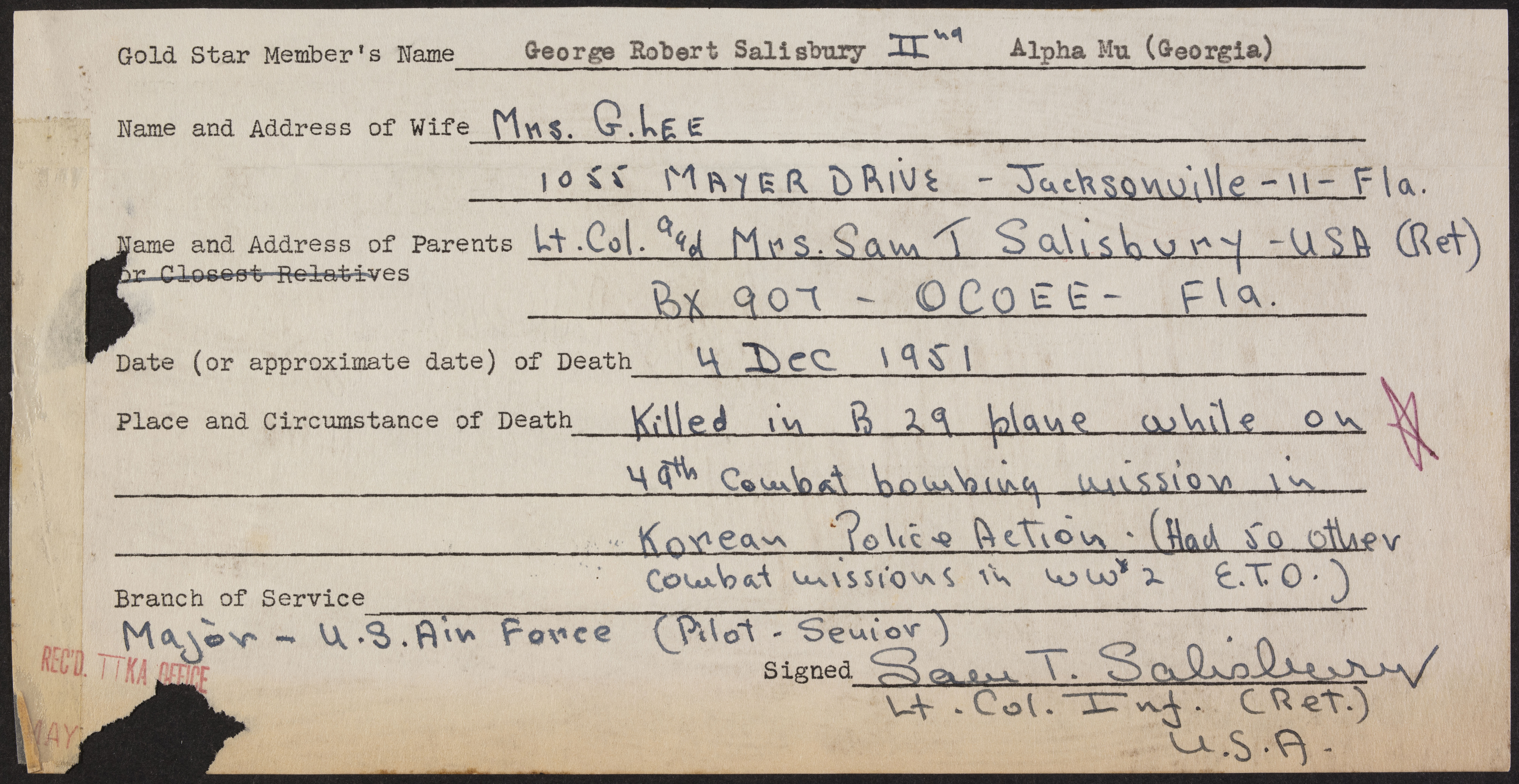 George Robert Salisbury War Record Form