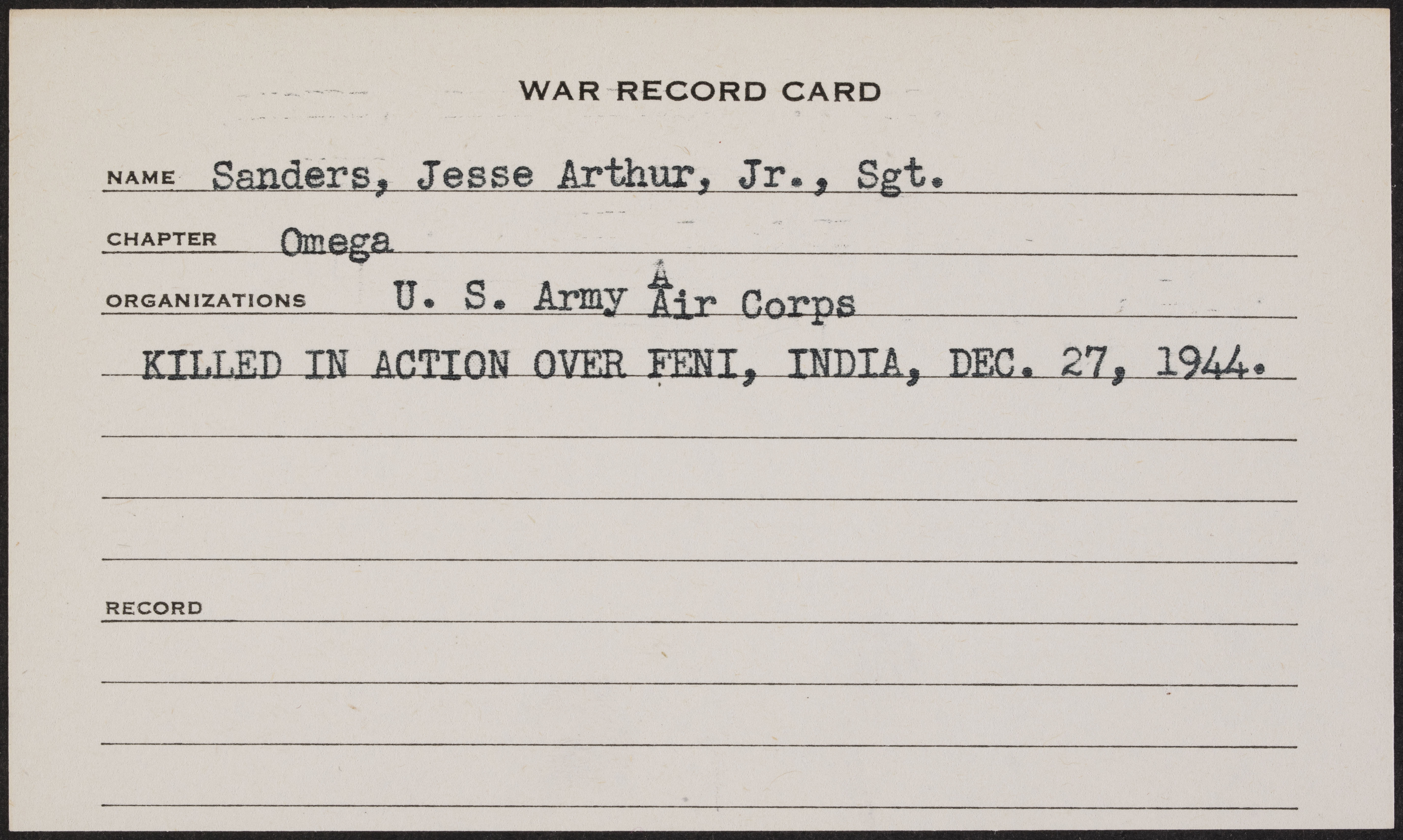 Jesse Arthur Sanders Jr. War Record Card