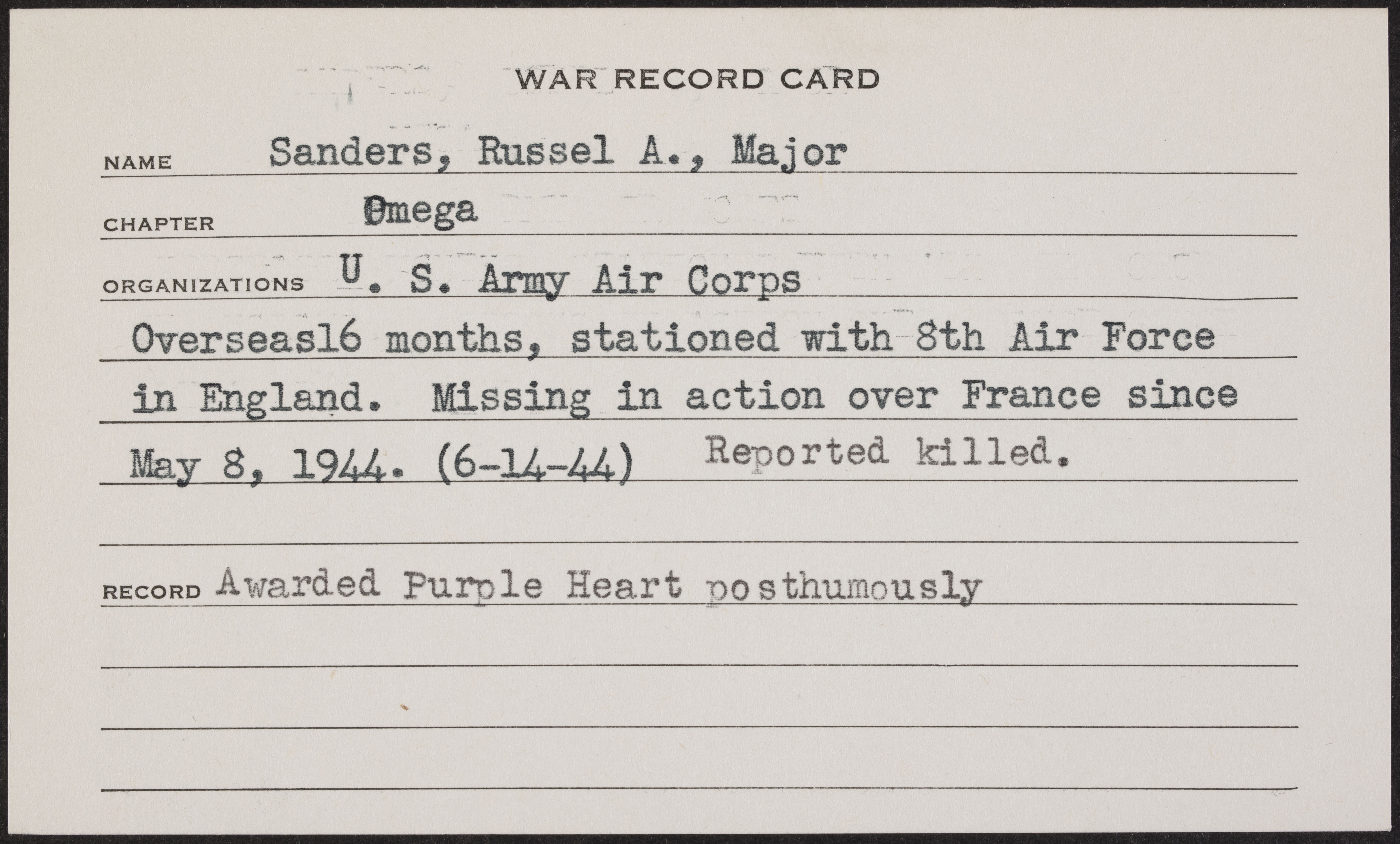 Russell Aubrey Sanders War Record Card