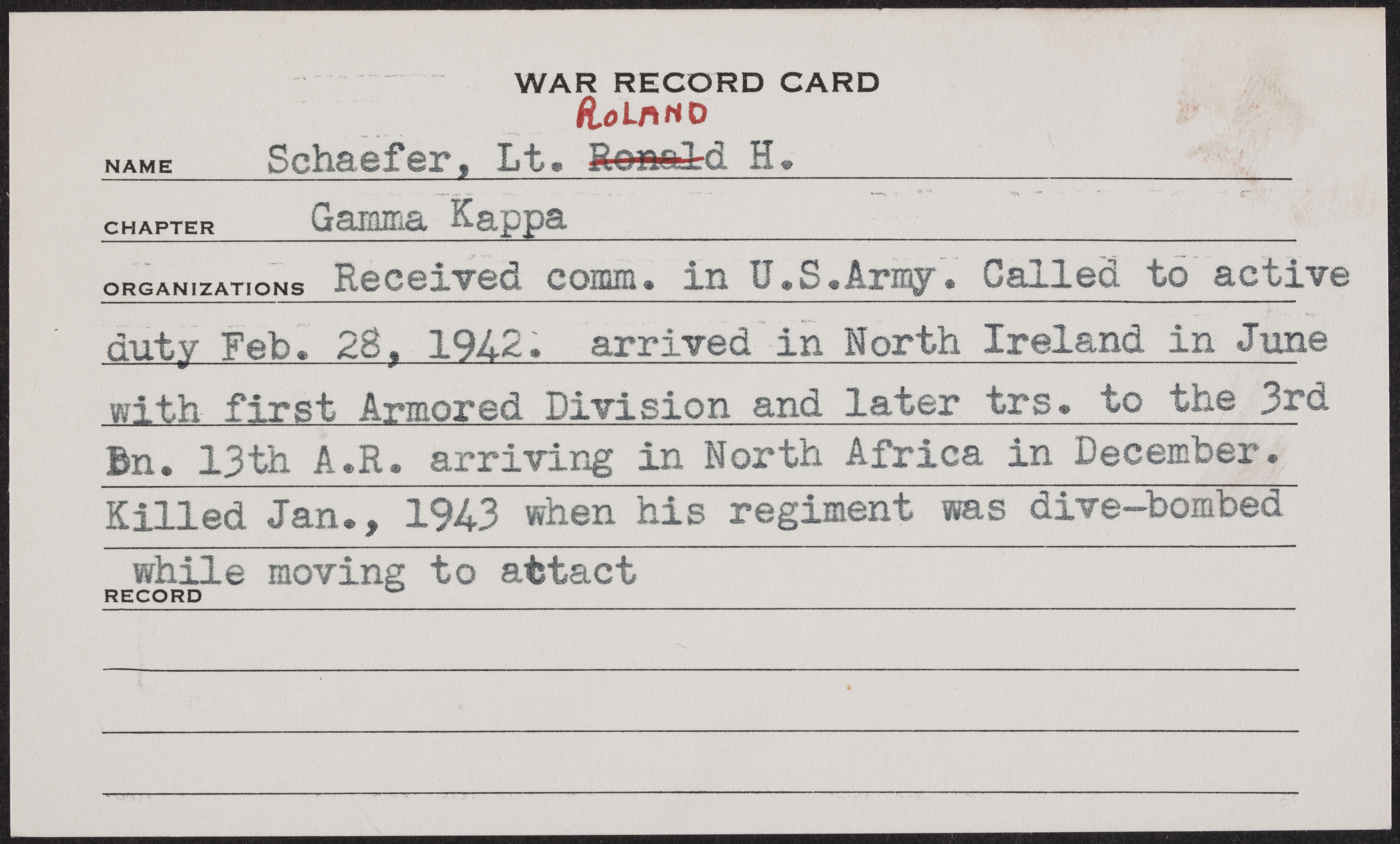 Roland Hall Schaefer War Record Card