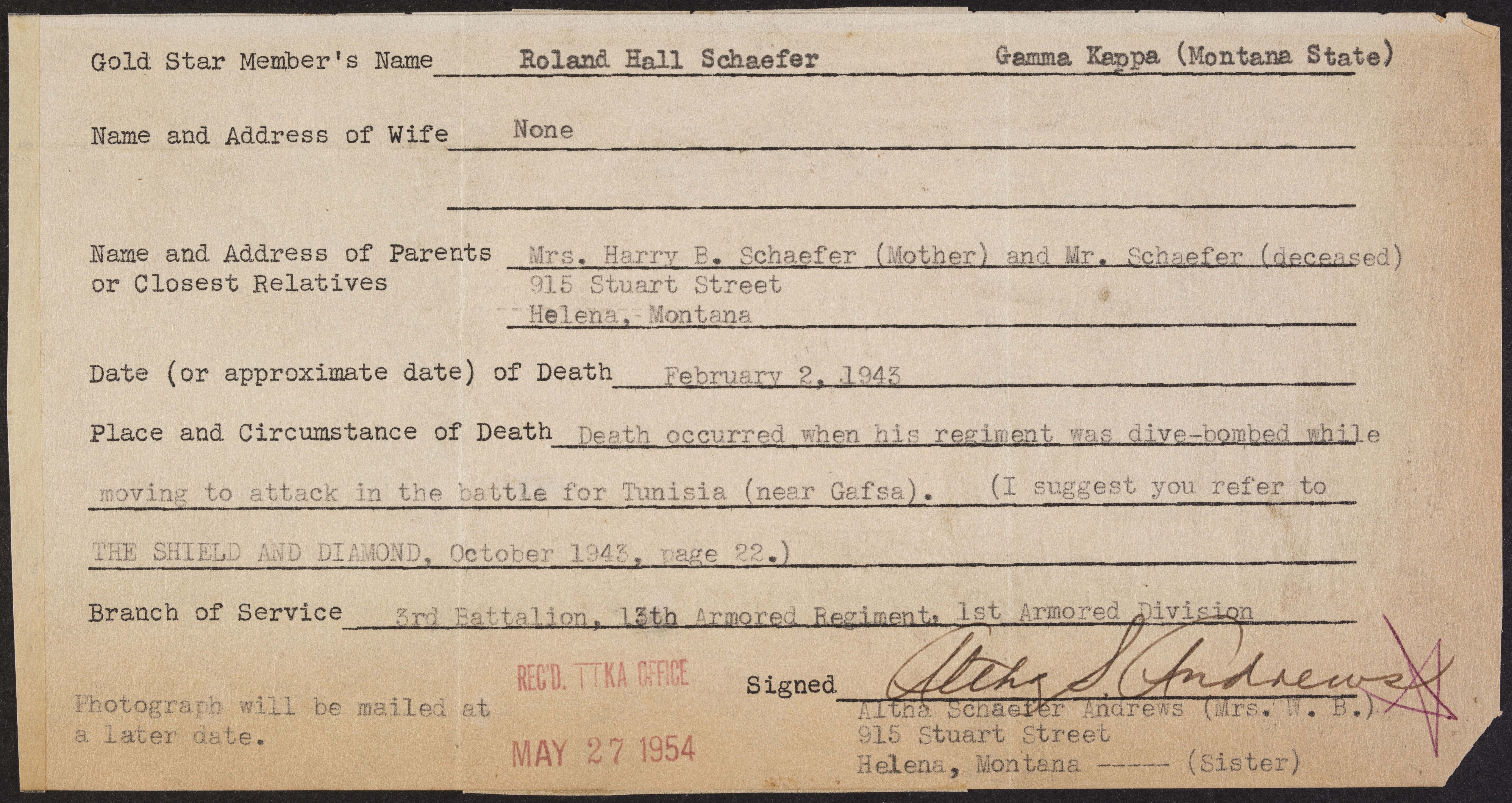 Roland Hall Schaefer War Record Form, May 27, 1954