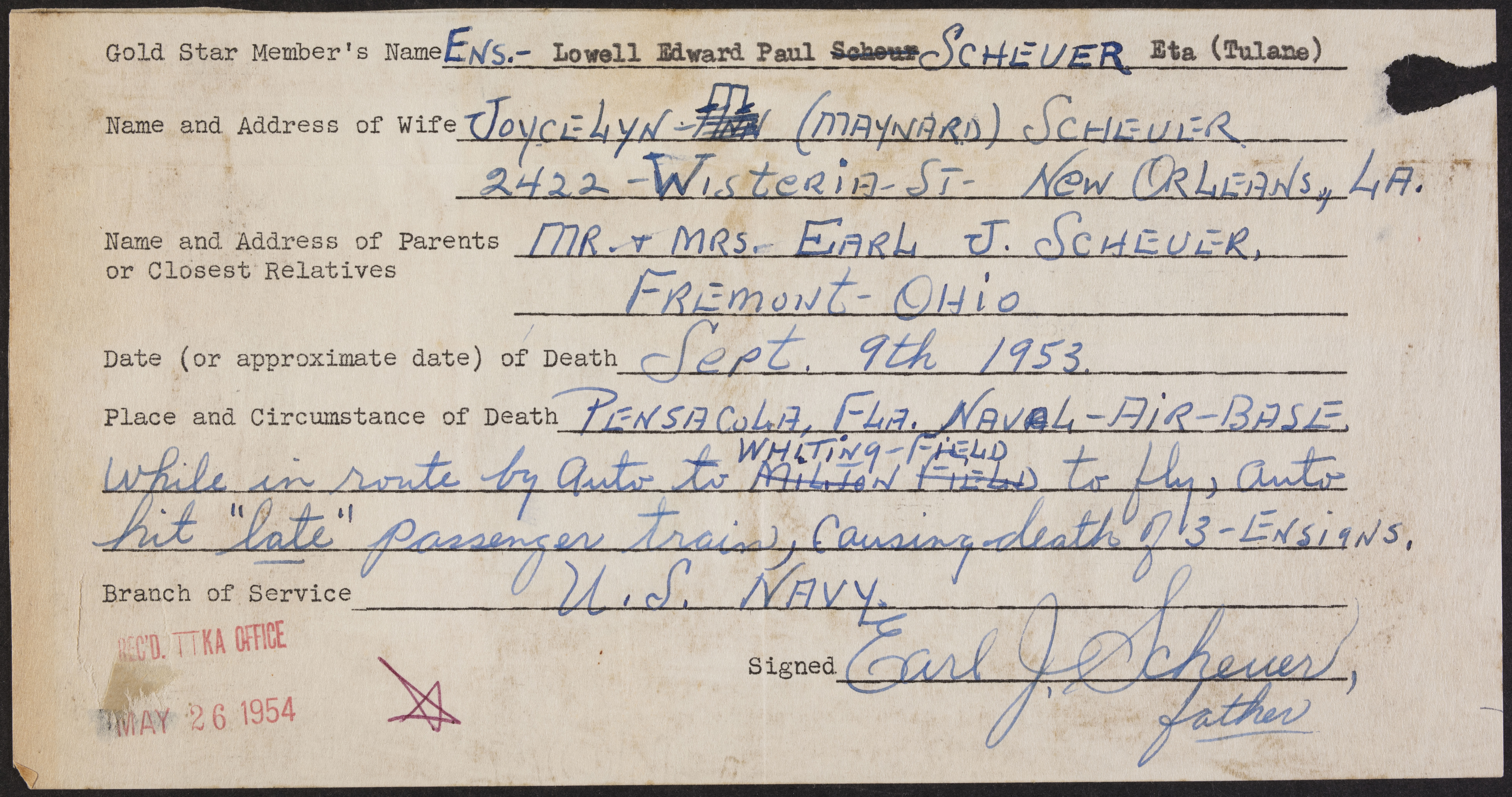 Lowell Edward Paul Scheur War Record Form, May 26, 1954