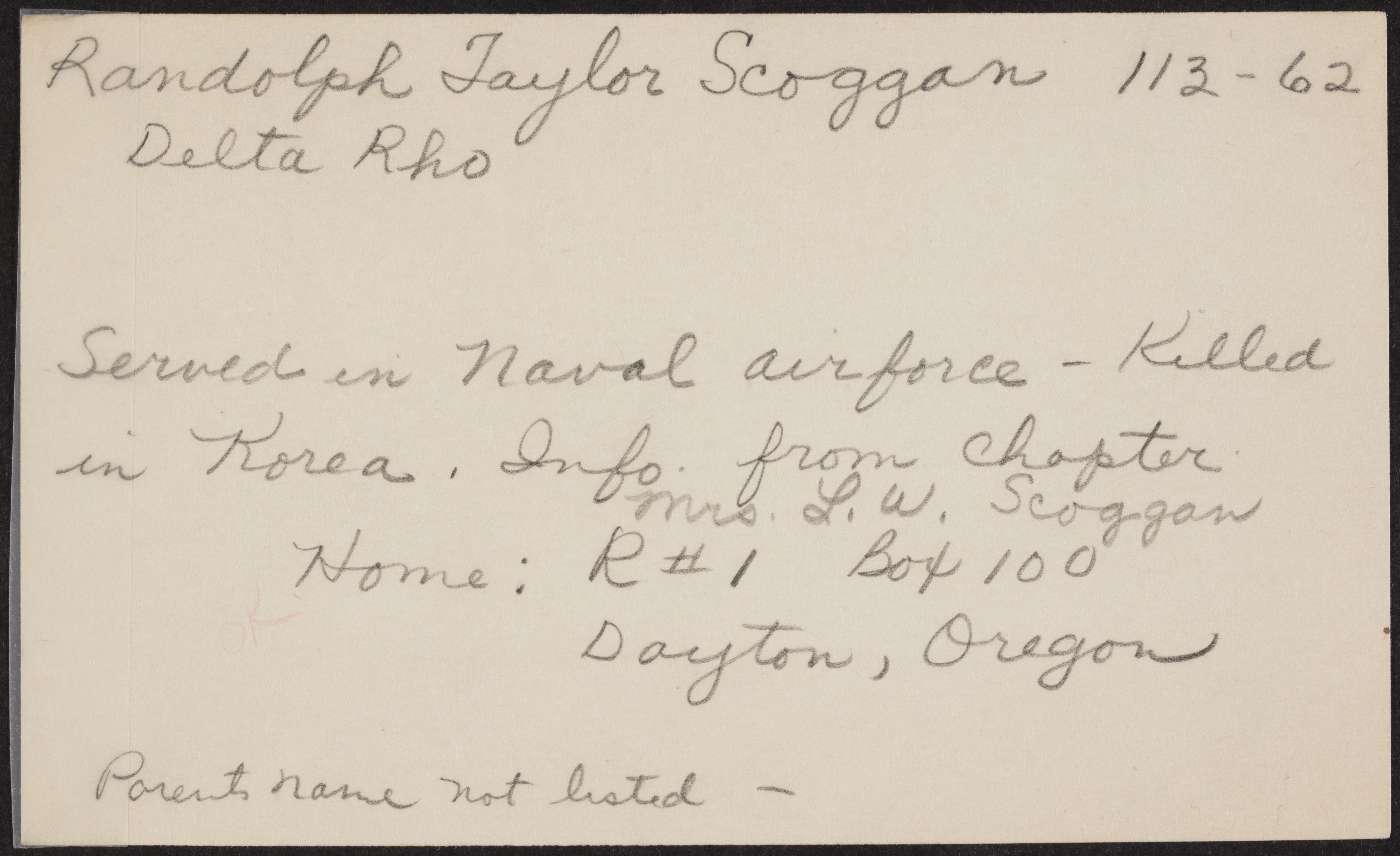 Randolph Taylor Scoggan War Record Form