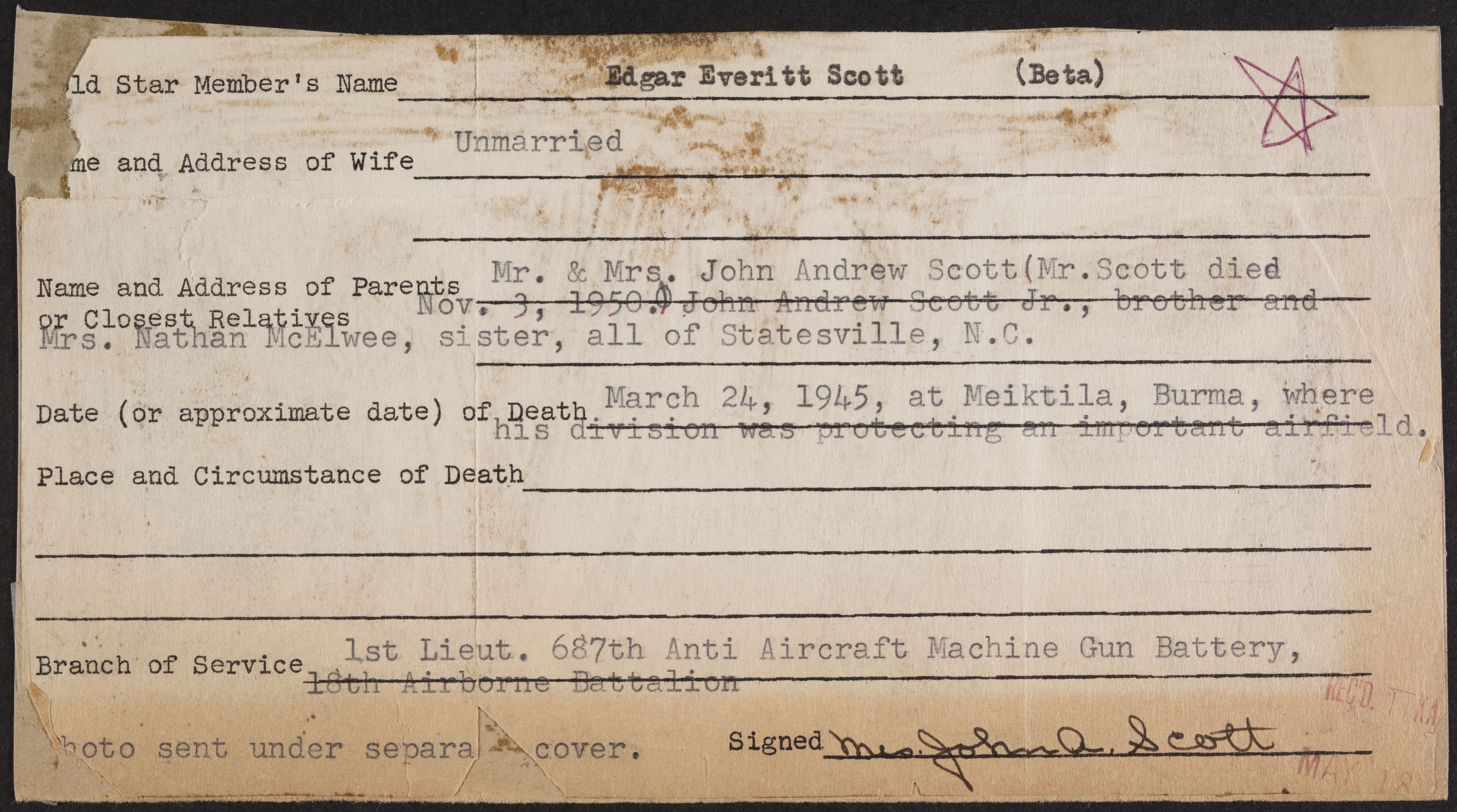 Edgar Everitt Scott War Record Form