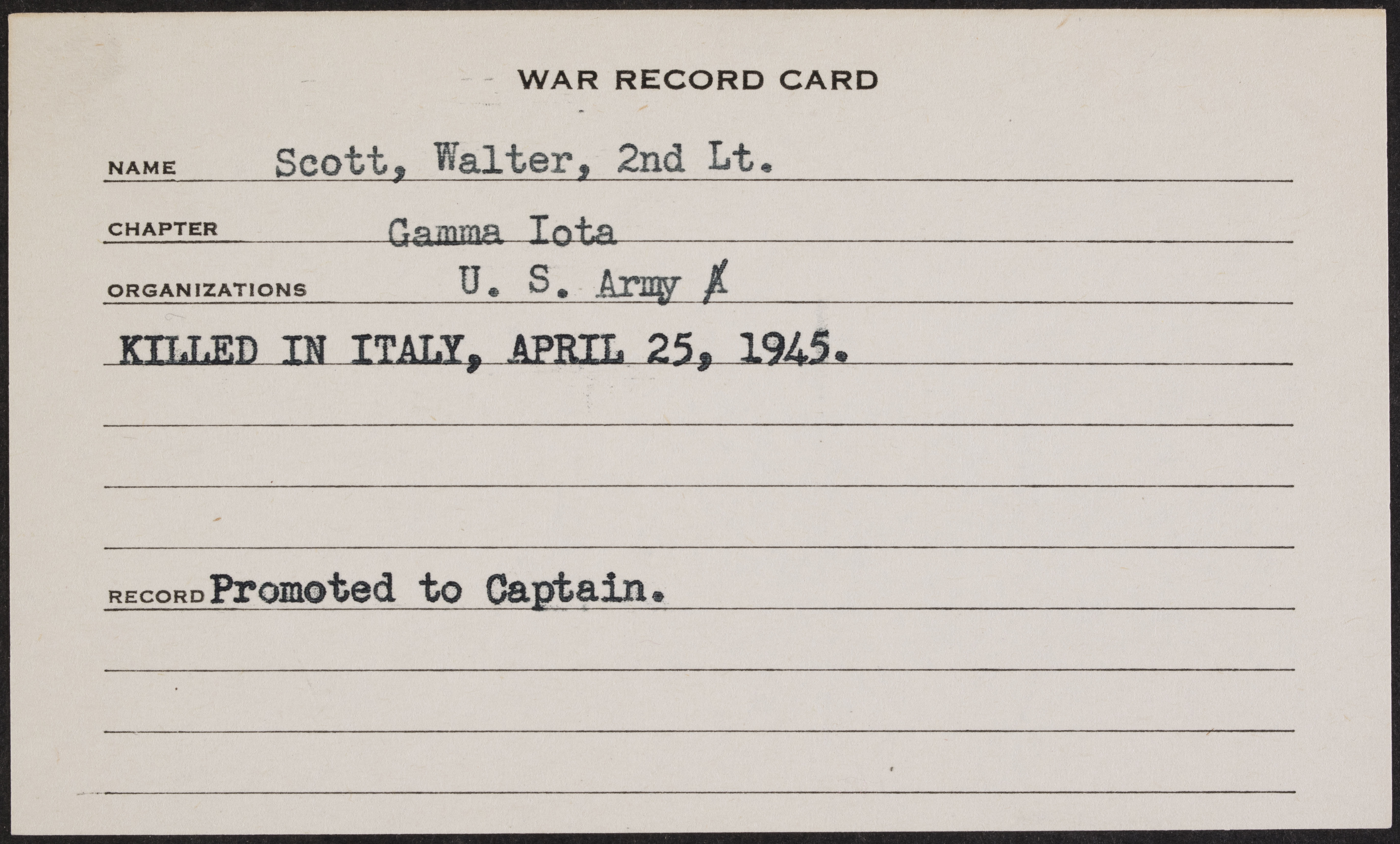 Walter William Scott War Record Card