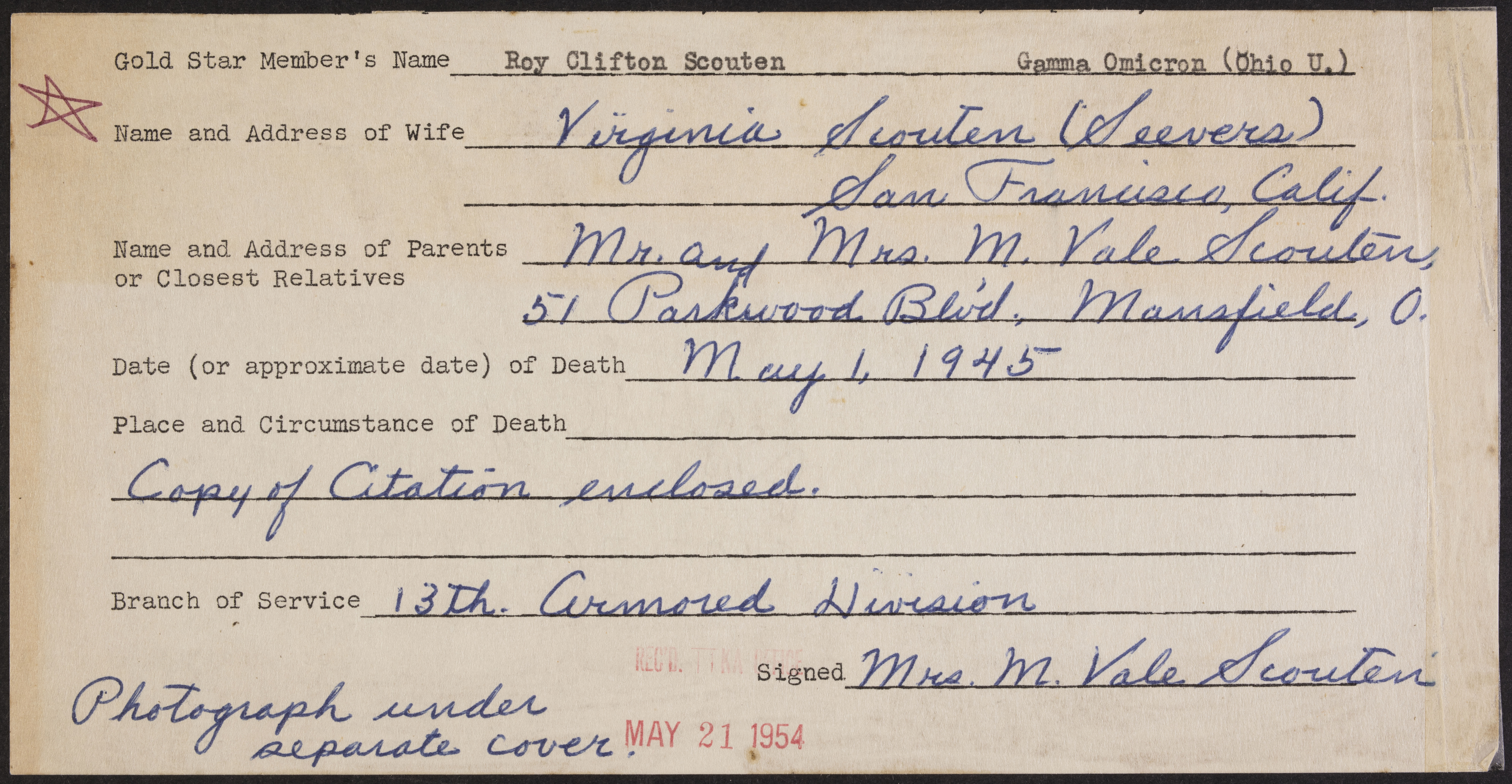 Roy Clifton Scouten War Record Form, May 21, 1954